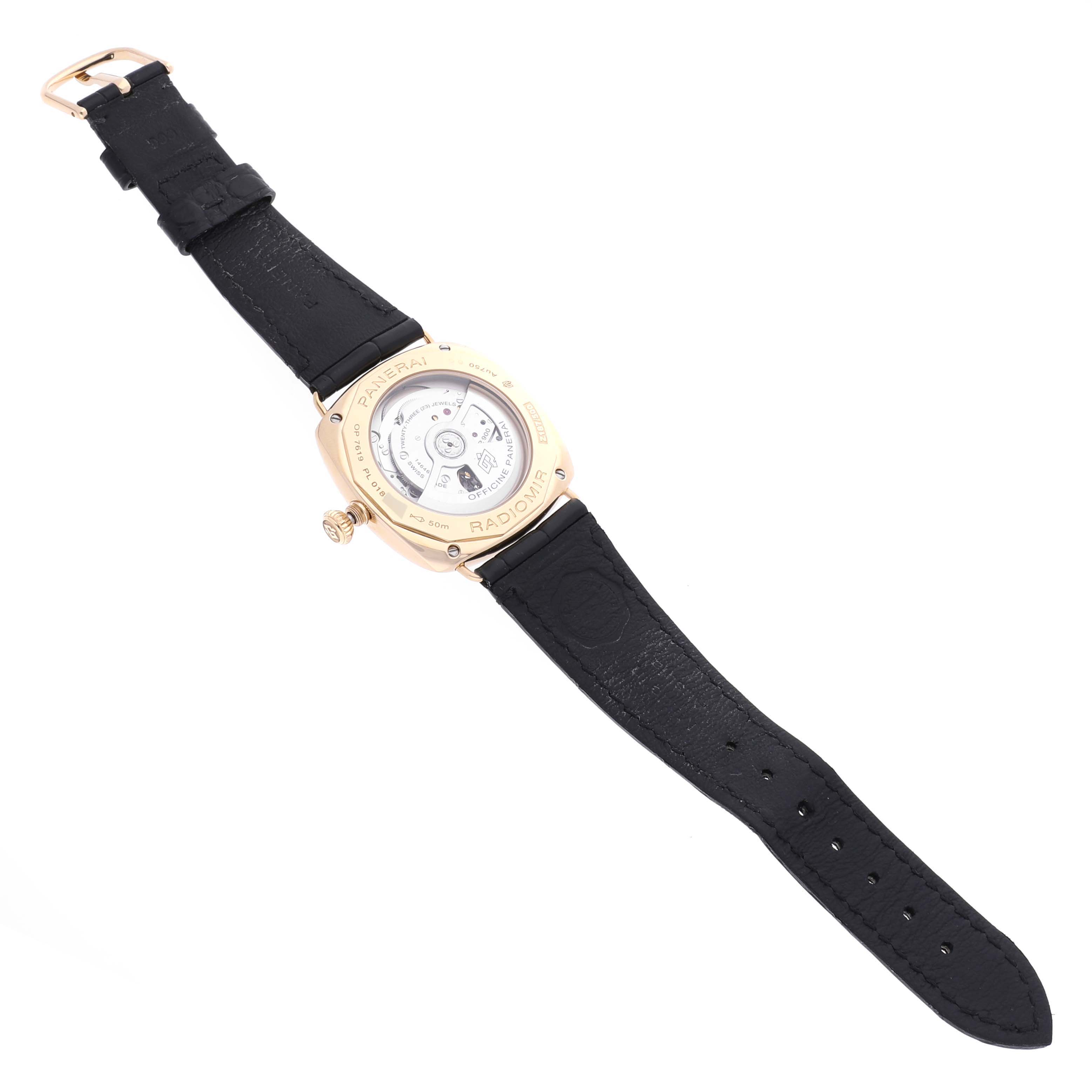 The Panerai Radiomir PAM01437 Men's Yellow Gold Green Dial PAM01437 Men's Yellow Gold Green Dial watch is shown from the back, highlighting the case back and the leather strap.