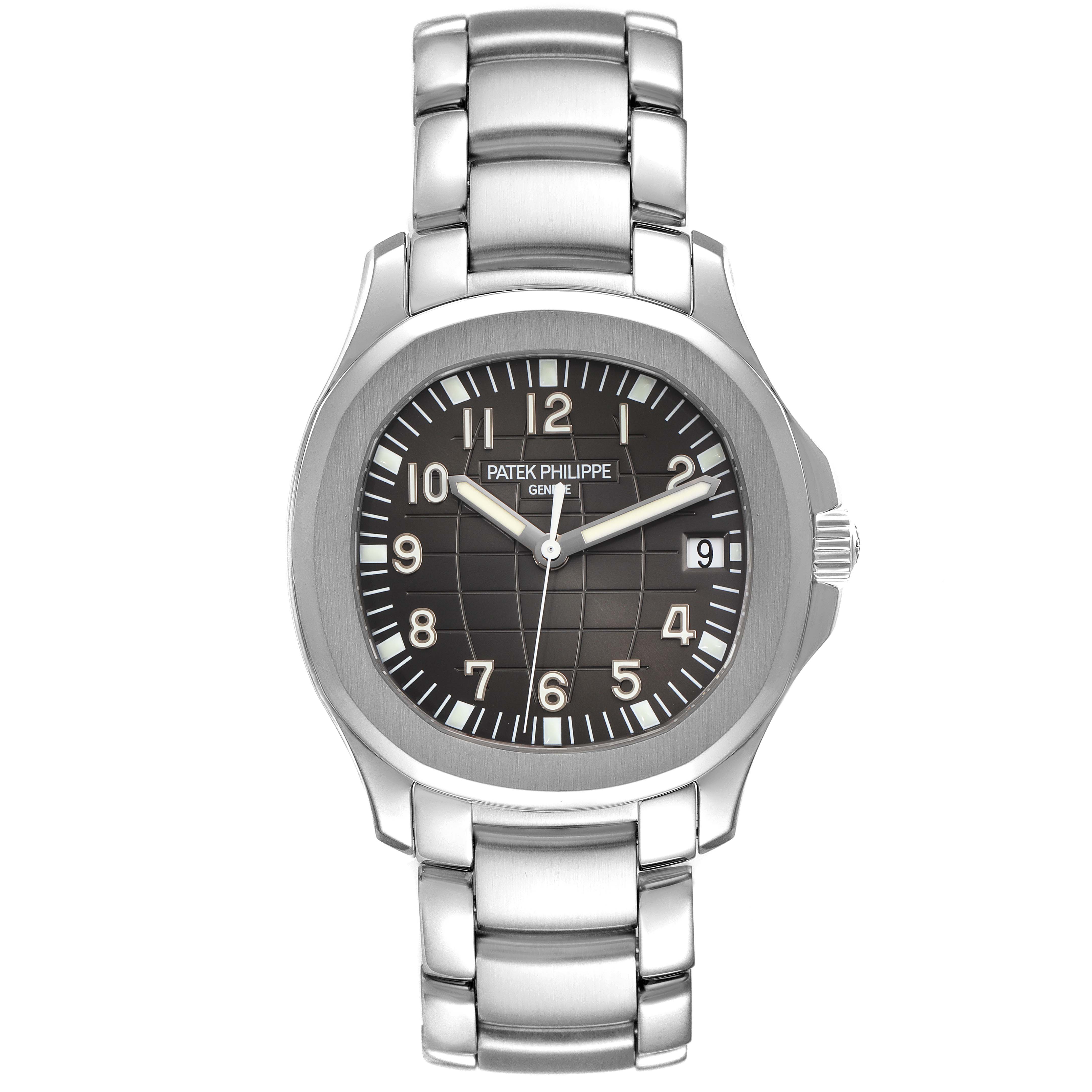 This image shows a front view of the Patek Philippe Aquanaut 5167/1A-001 Men's Stainless Steel Black Dial 5167/1A-001 Men's Stainless Steel Black Dial watch, highlighting the dial and bracelet.