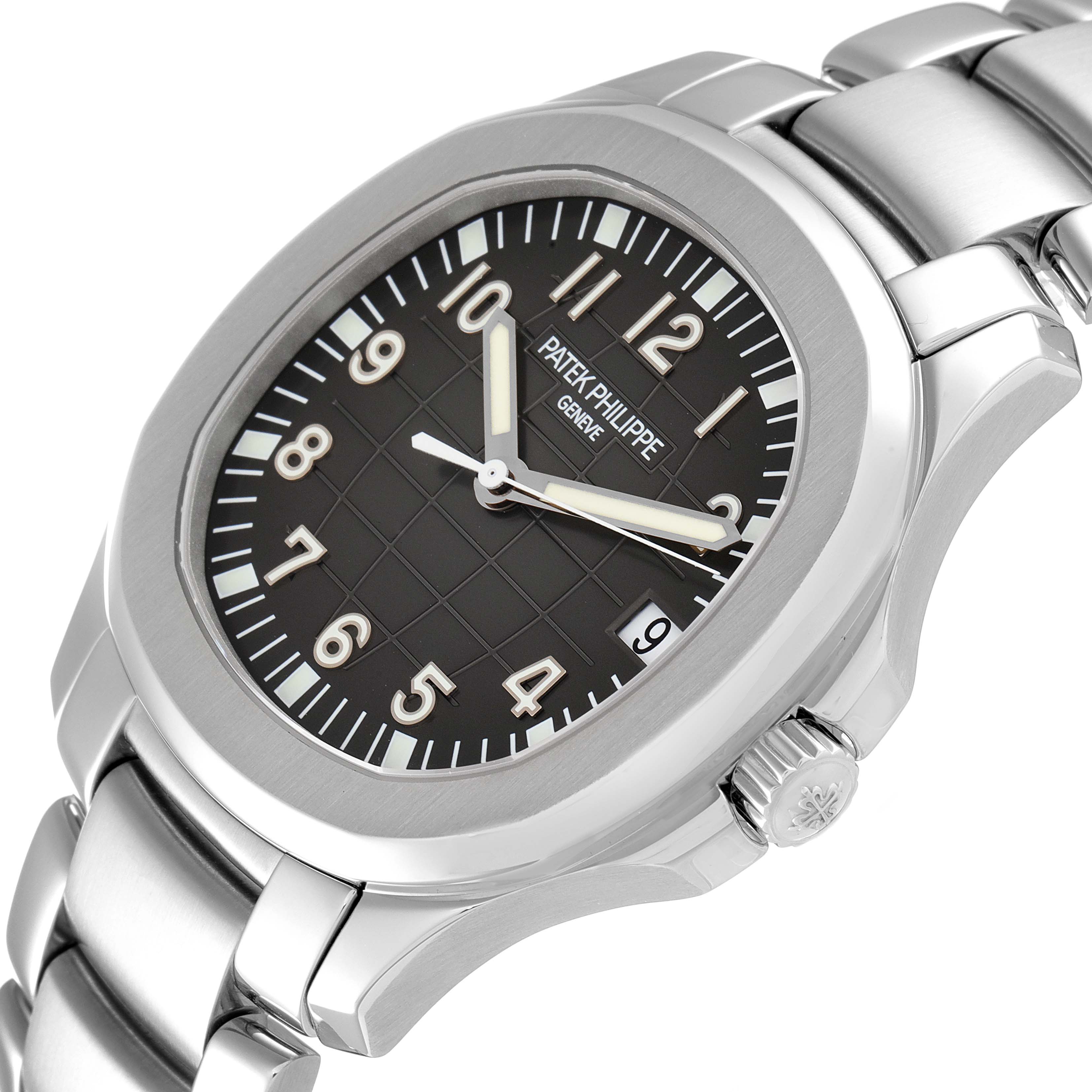 This image shows a close-up angled view of the Patek Philippe Aquanaut 5167/1A-001 Men's Stainless Steel Black Dial 5167/1A-001 Men's Stainless Steel Black Dial watch, highlighting the dial, bezel, crown, and bracelet.