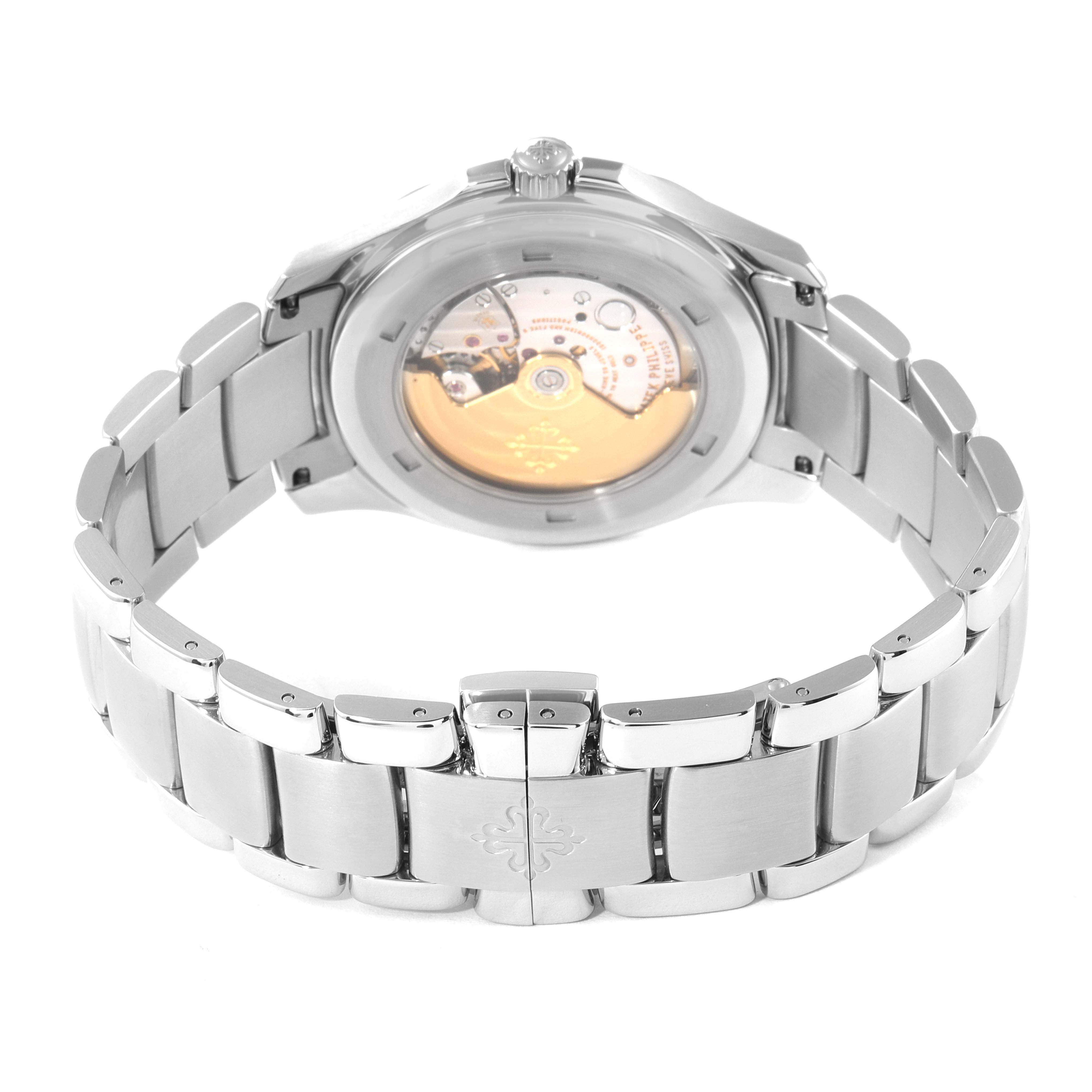 This image shows the back view of the Patek Philippe Aquanaut 5167/1A-001 Men's Stainless Steel Black Dial 5167/1A-001 Men's Stainless Steel Black Dial watch, highlighting its metallic strap and the exposed movement.