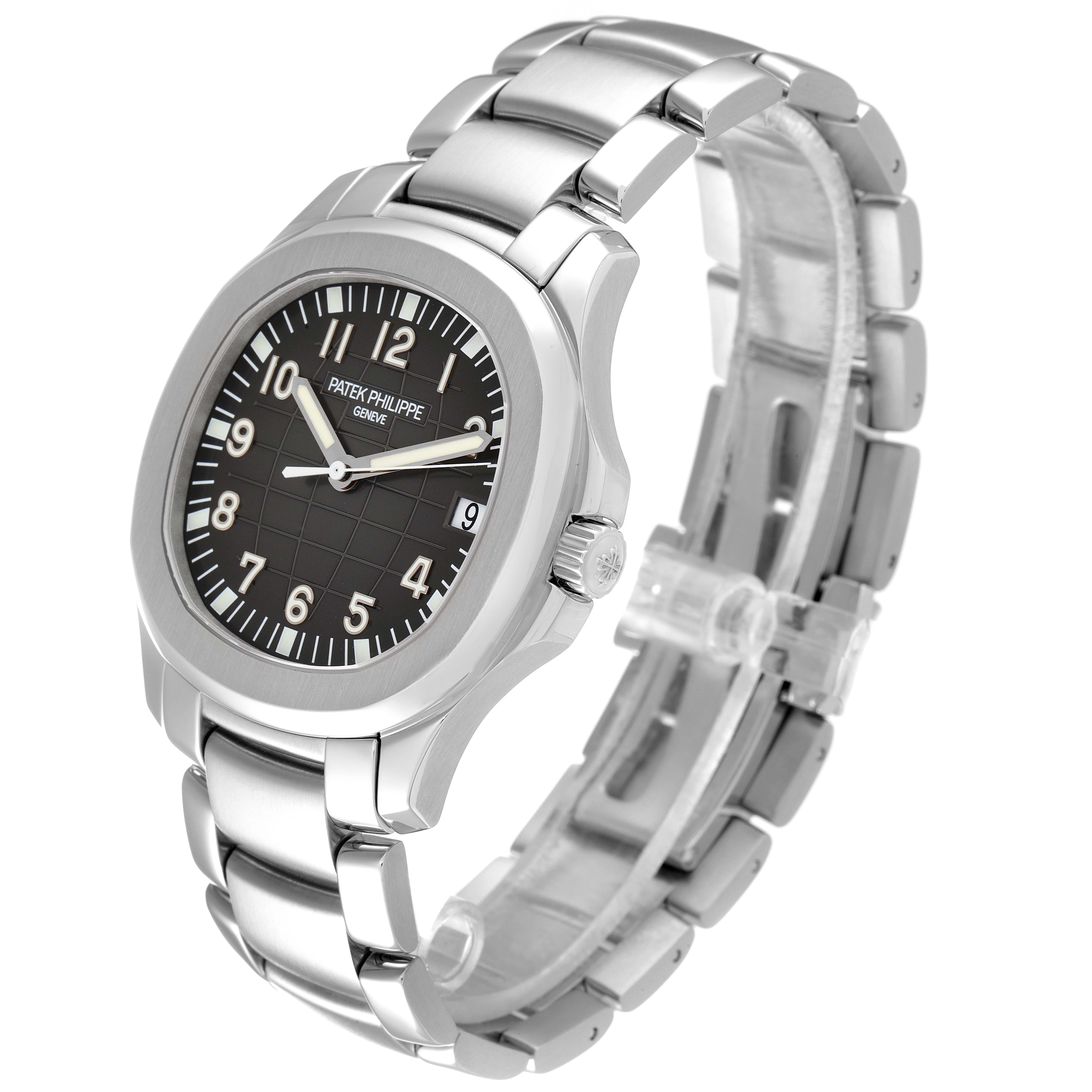 The image shows a Patek Philippe Aquanaut 5167/1A-001 Men's Stainless Steel Black Dial 5167/1A-001 Men's Stainless Steel Black Dial watch from a three-quarter angle, displaying the dial, bezel, case, bracelet, and crown.