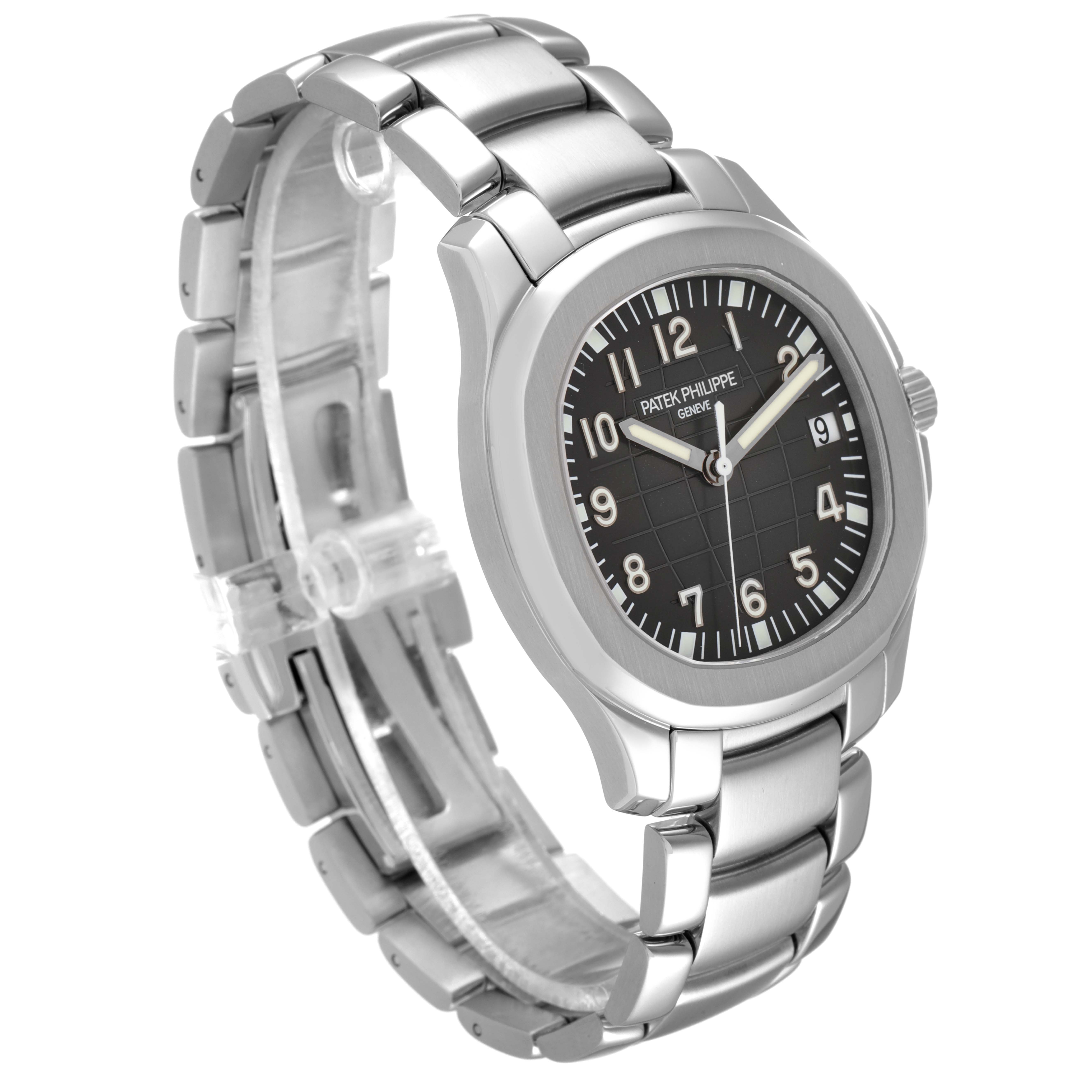 The image displays a front-angle view of a Patek Philippe Aquanaut 5167/1A-001 Men's Stainless Steel Black Dial 5167/1A-001 Men's Stainless Steel Black Dial watch, showing its face, bezel, and metal bracelet.