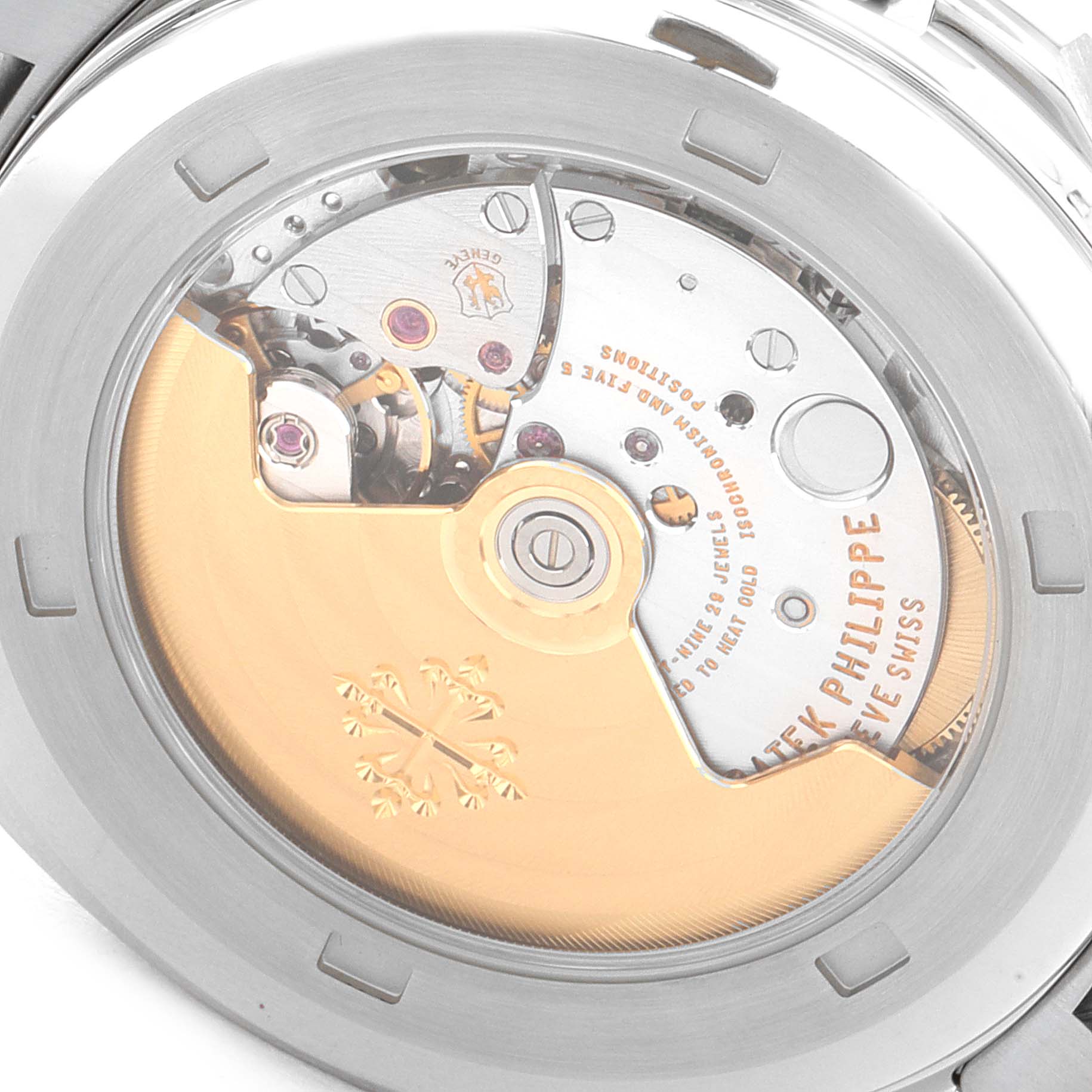 The image shows the case back of the Patek Philippe Aquanaut 5167/1A-001 Men's Stainless Steel Black Dial 5167/1A-001 Men's Stainless Steel Black Dial model, highlighting its intricate automatic movement.