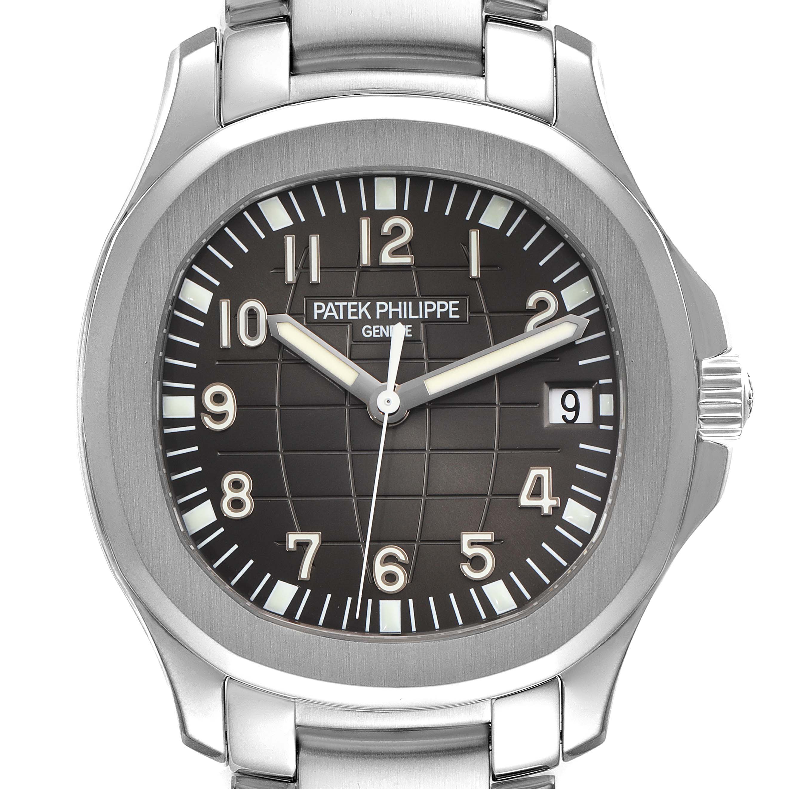 The image shows a front view of the dial and part of the bracelet of the Patek Philippe Aquanaut 5167/1A-001 Men's Stainless Steel Black Dial 5167/1A-001 Men's Stainless Steel Black Dial watch.