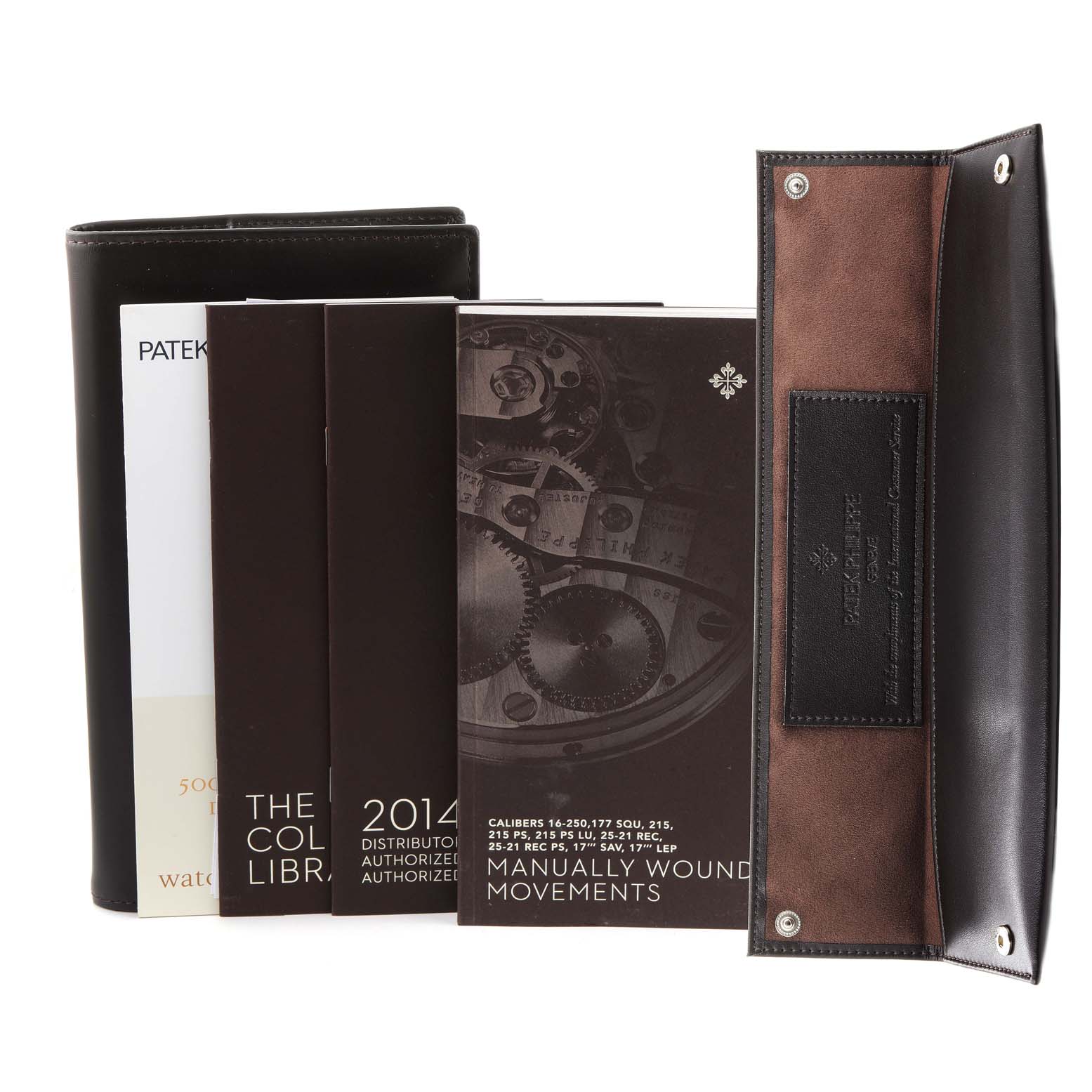 The image shows booklets and a watch pouch for the Patek Philippe Calatrava 5116R Men
s Rose Gold White Dial 5116R Men
s Rose Gold White Dial model, highlighting manuals and a leather case.