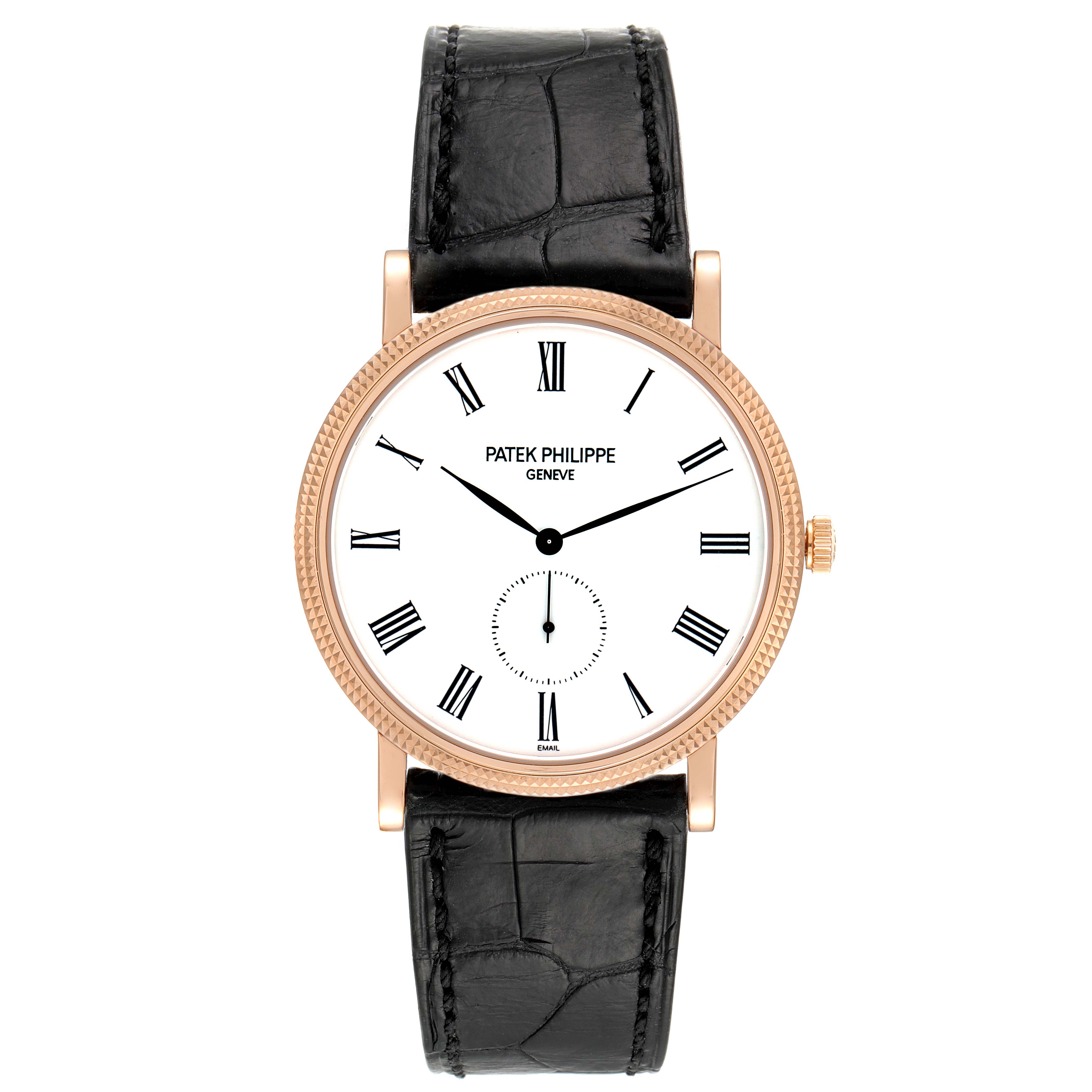 This image shows a front view of the Patek Philippe Calatrava 5116R Men
s Rose Gold White Dial 5116R Men
s Rose Gold White Dial watch, highlighting its dial, hands, and black leather strap.