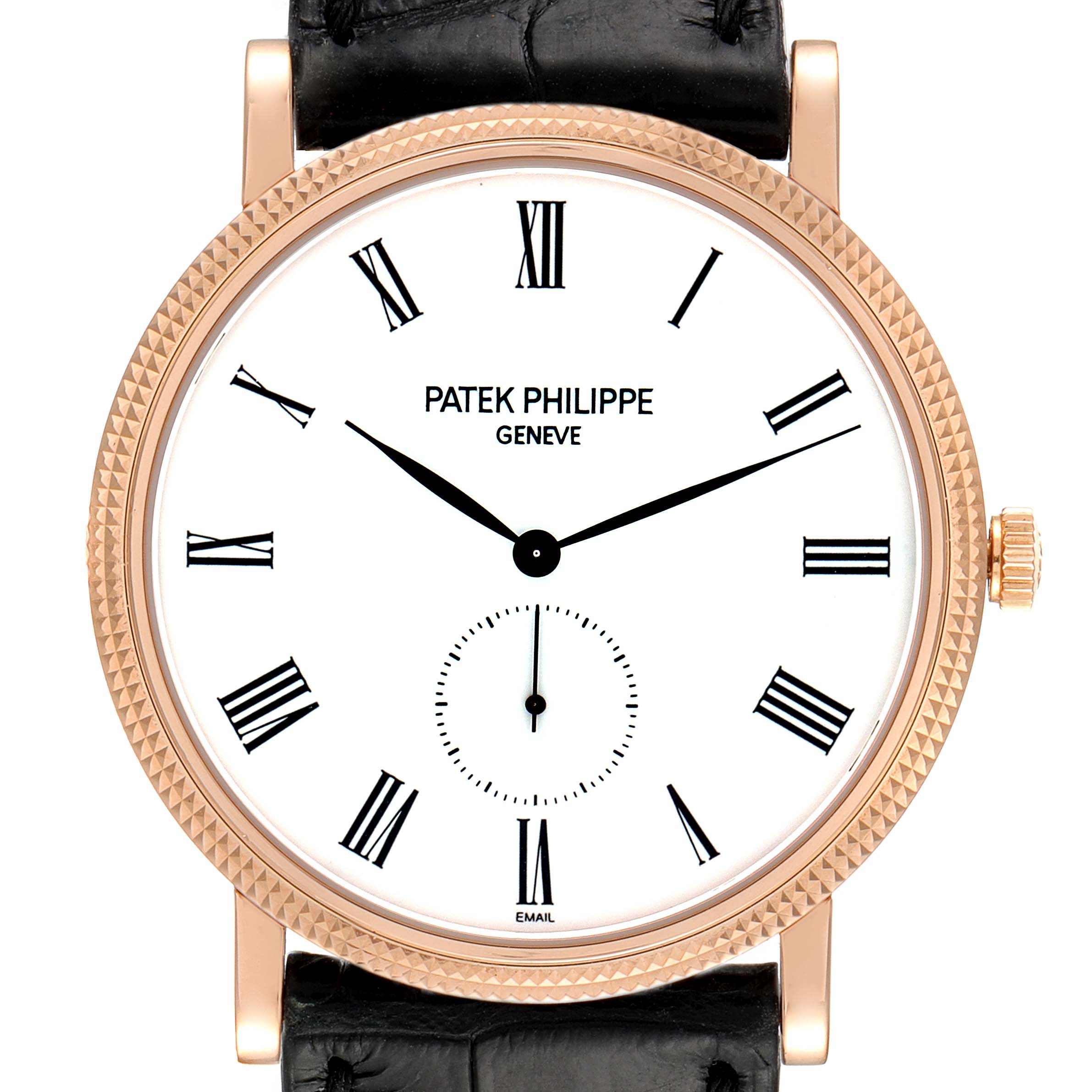 This is a front view of a Patek Philippe Calatrava 5116R Men
s Rose Gold White Dial 5116R Men
s Rose Gold White Dial watch, showcasing its face, hands, crown, and leather strap.