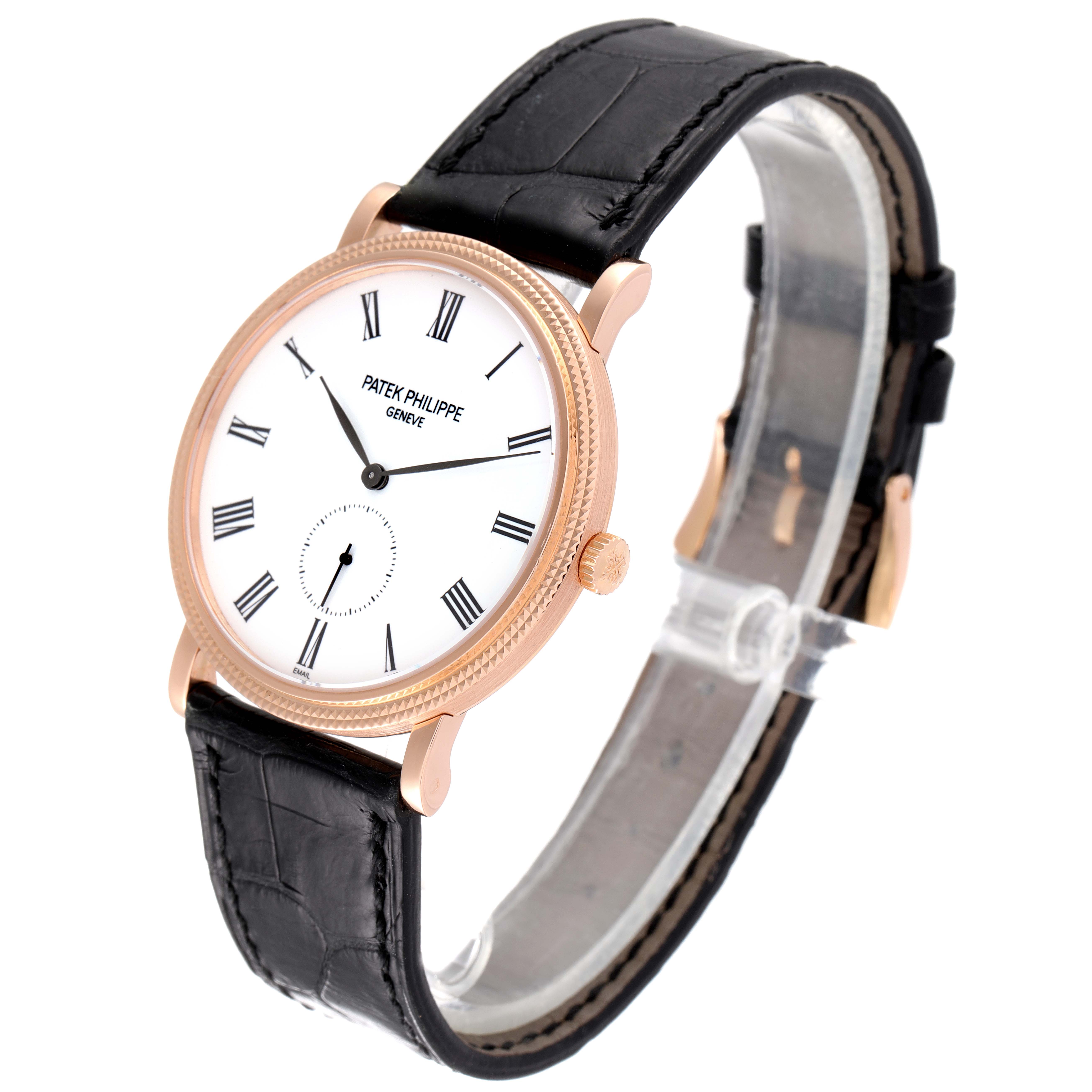 This image shows a Patek Philippe Calatrava 5116R Men
s Rose Gold White Dial 5116R Men
s Rose Gold White Dial watch from an angled side view, highlighting its dial, hands, and leather strap.