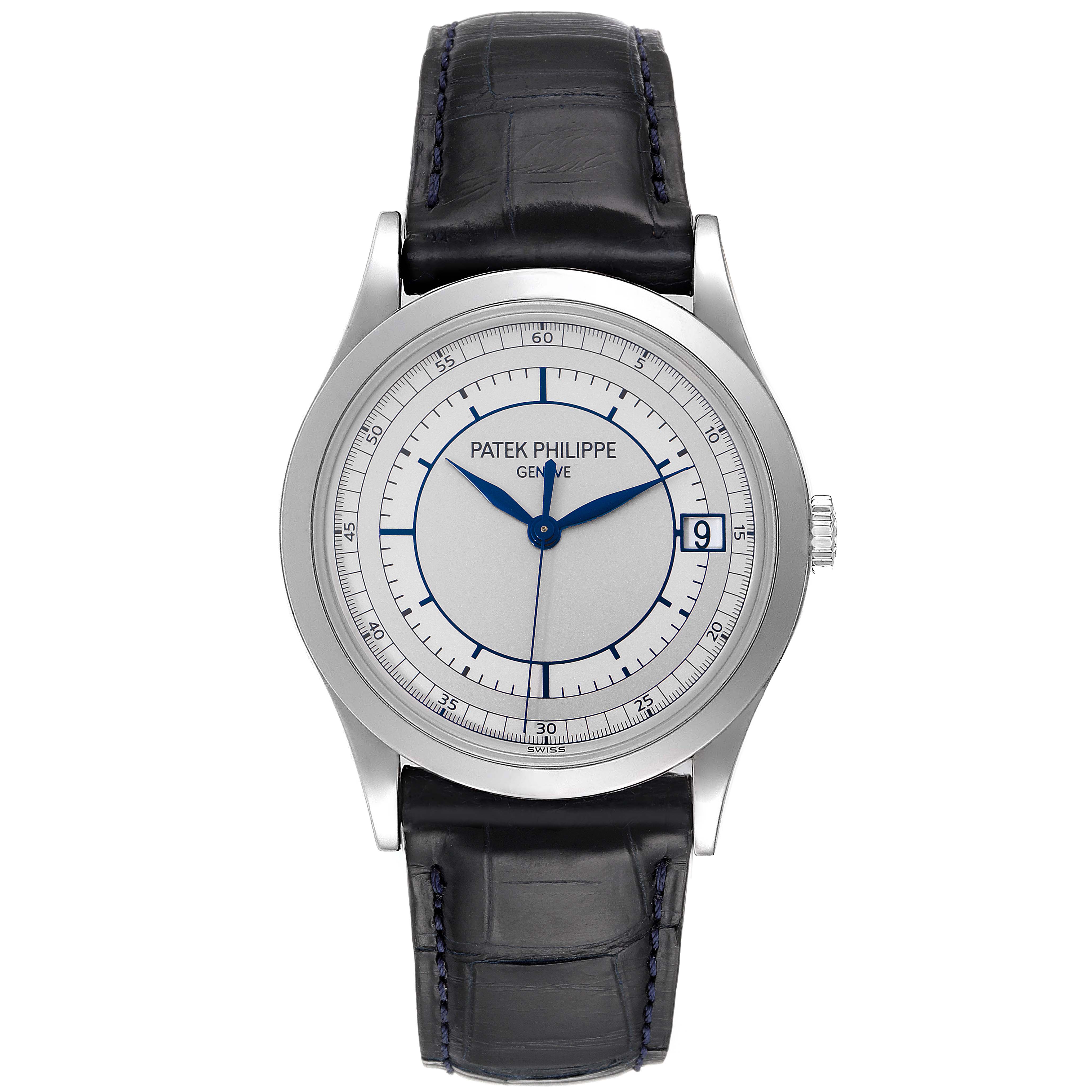 This image shows a Patek Philippe Calatrava 5296G-001 Men's White Gold Silver Dial 5296G-001 Men's White Gold Silver Dial watch from a front angle, highlighting the dial, strap, and crown.