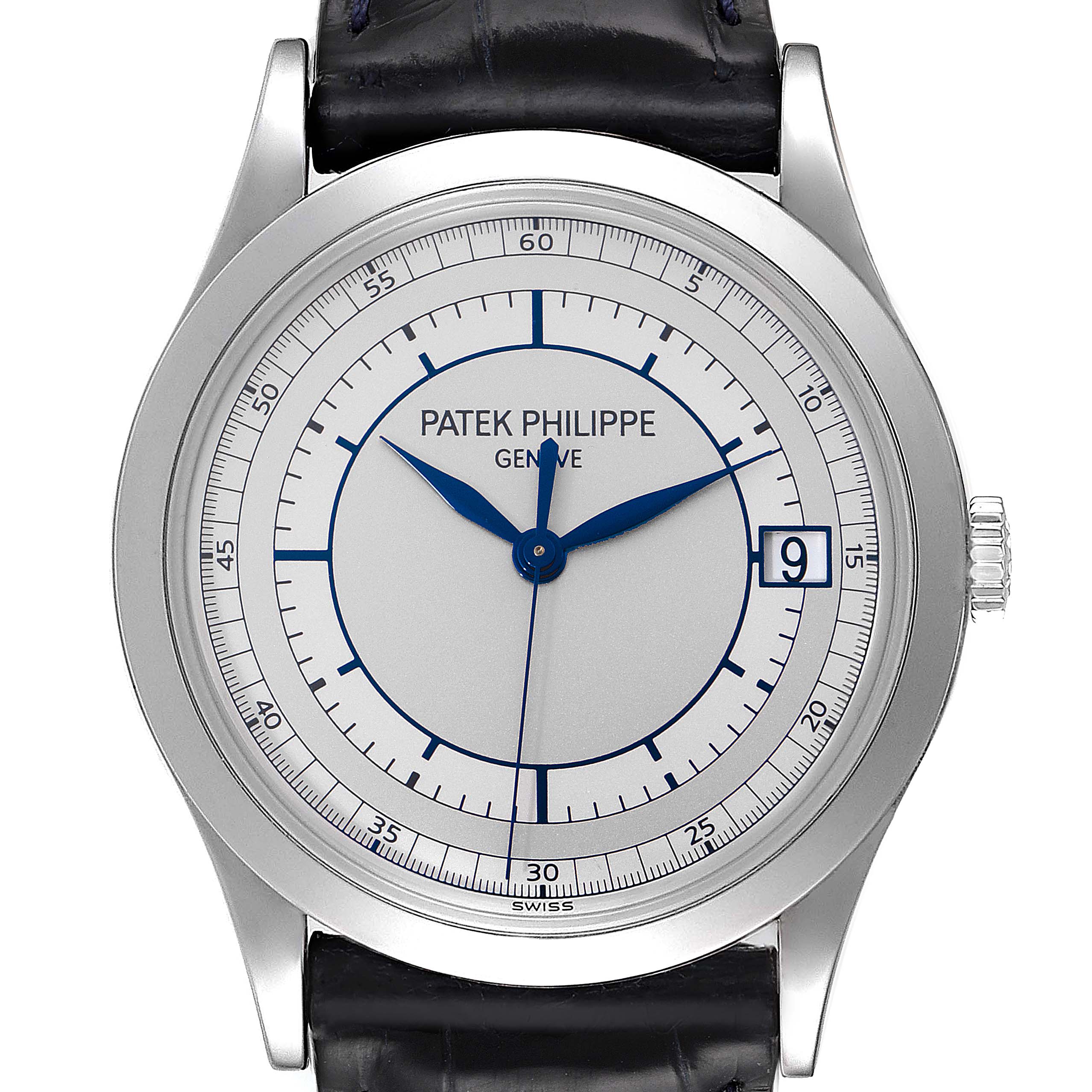 The image shows a front view of a Patek Philippe Calatrava 5296G-001 Men's White Gold Silver Dial 5296G-001 Men's White Gold Silver Dial watch displaying its dial and date window.