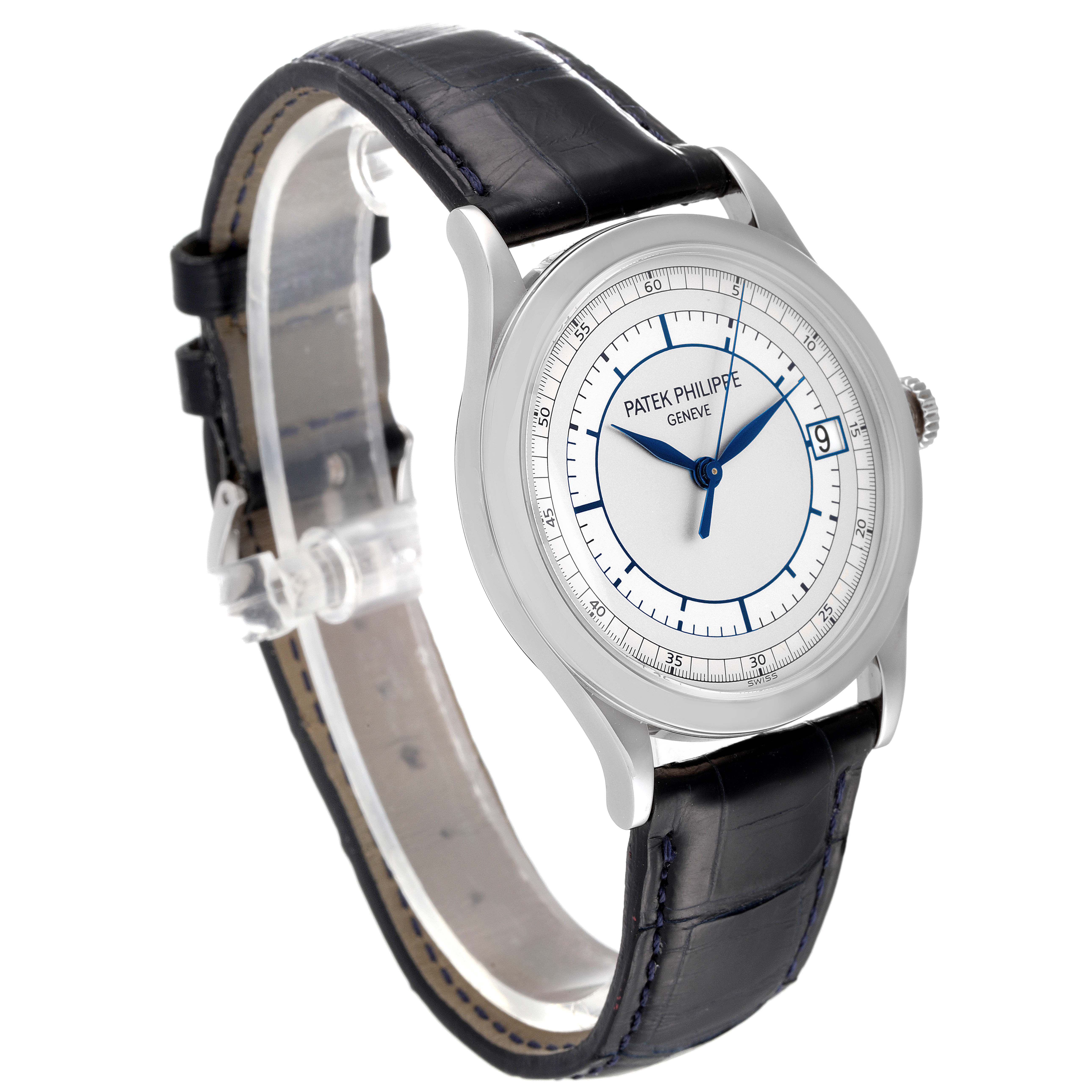 This image shows a Patek Philippe Calatrava 5296G-001 Men's White Gold Silver Dial 5296G-001 Men's White Gold Silver Dial watch at a three-quarter view, displaying the face, crown, and strap.