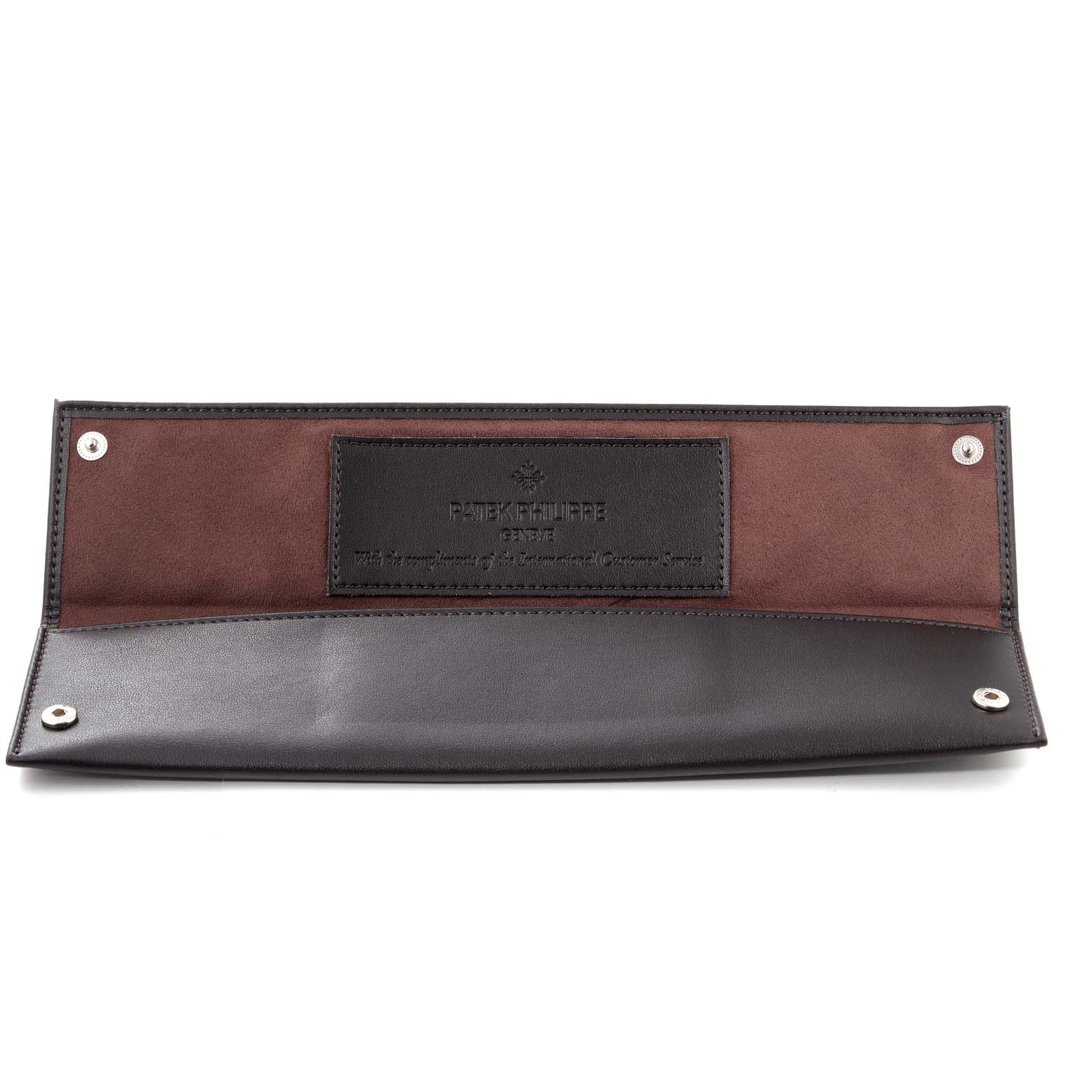 This is an open leather watch pouch with branding for the Calatrava model by Patek Philippe.