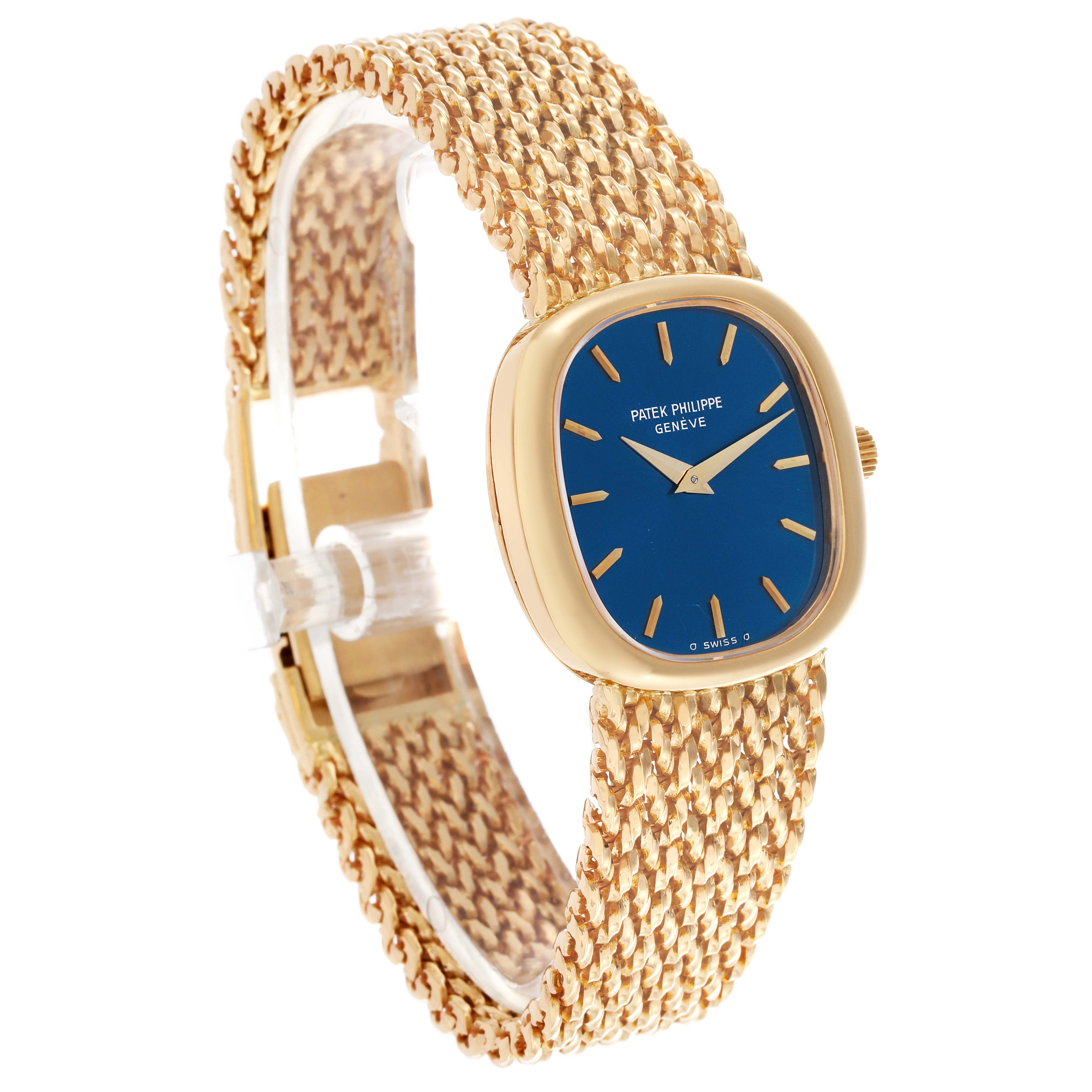 The Patek Philippe Golden Ellipse 4223 Women's Yellow Gold Blue Dial 4223 Women's Yellow Gold Blue Dial watch is shown at a three-quarter angle, highlighting the face, bezel, and textured bracelet.