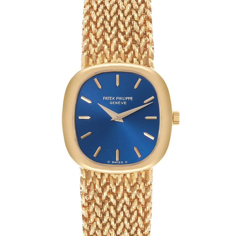 The Patek Philippe Golden Ellipse watch is shown from the front, highlighting the blue dial and gold mesh bracelet.