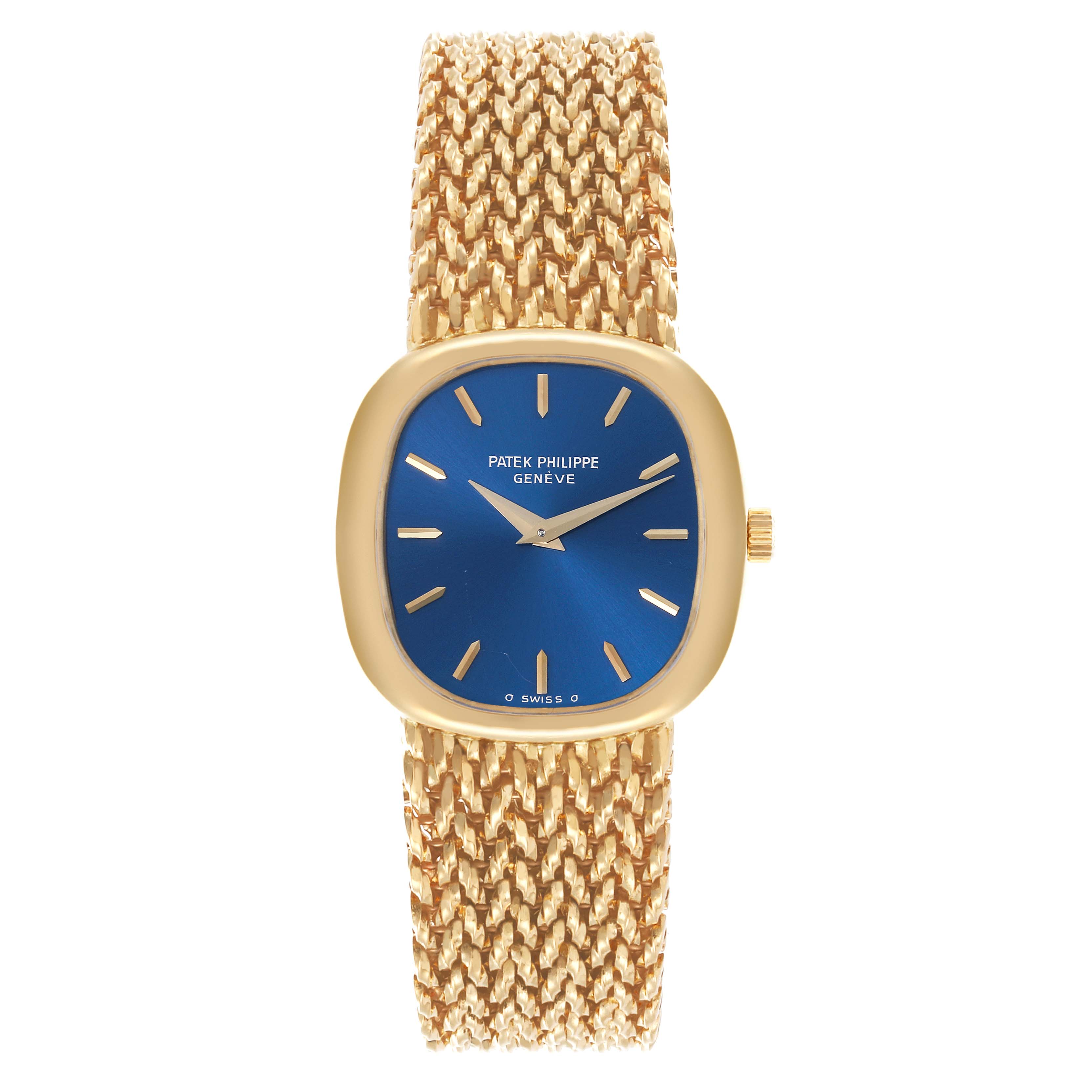The Patek Philippe Golden Ellipse 4223 Women's Yellow Gold Blue Dial 4223 Women's Yellow Gold Blue Dial watch is shown from a top-down angle, highlighting the blue dial, gold case, and textured bracelet.