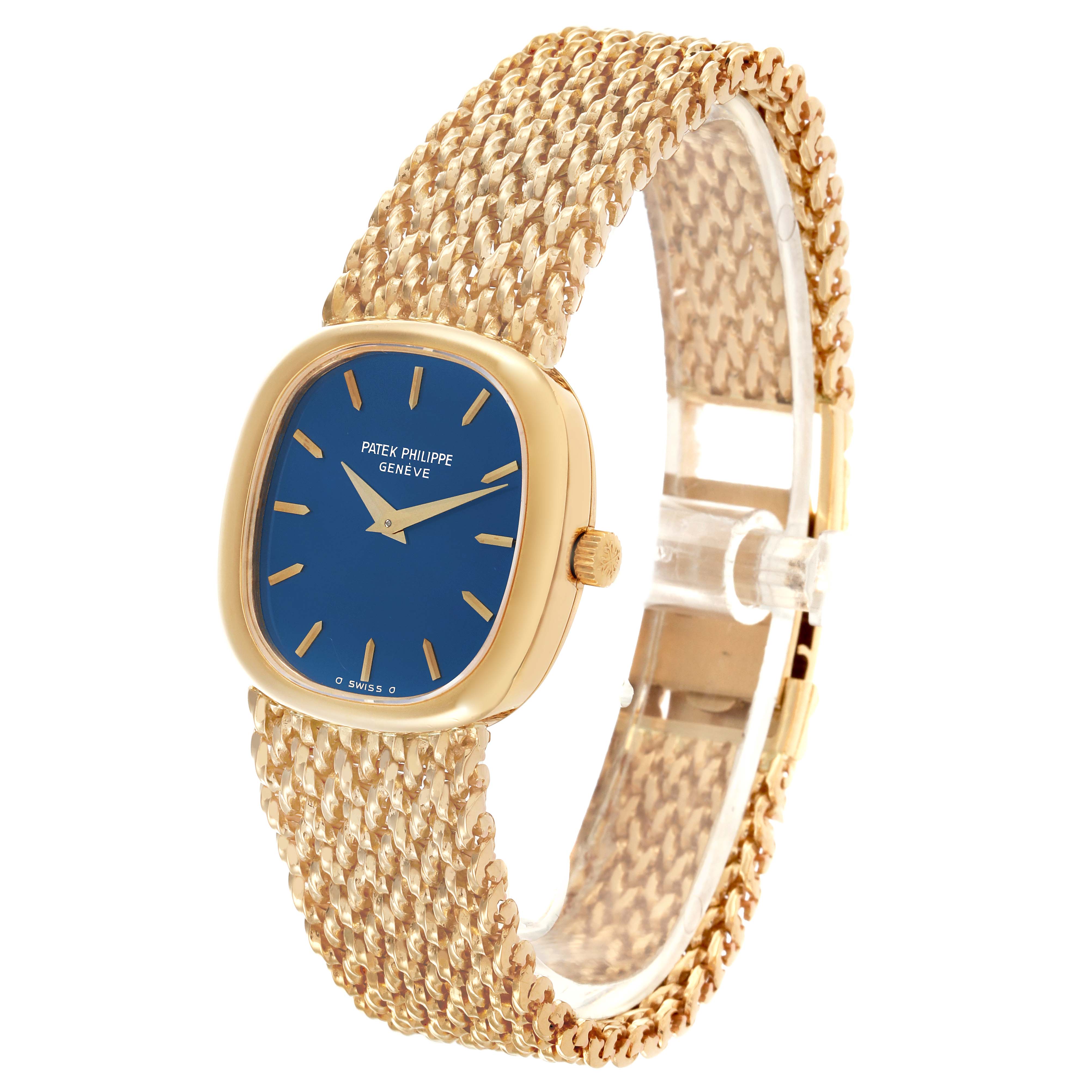The Patek Philippe Golden Ellipse 4223 Women's Yellow Gold Blue Dial 4223 Women's Yellow Gold Blue Dial is shown at an angled side view with focus on its blue dial, gold case, and textured bracelet.