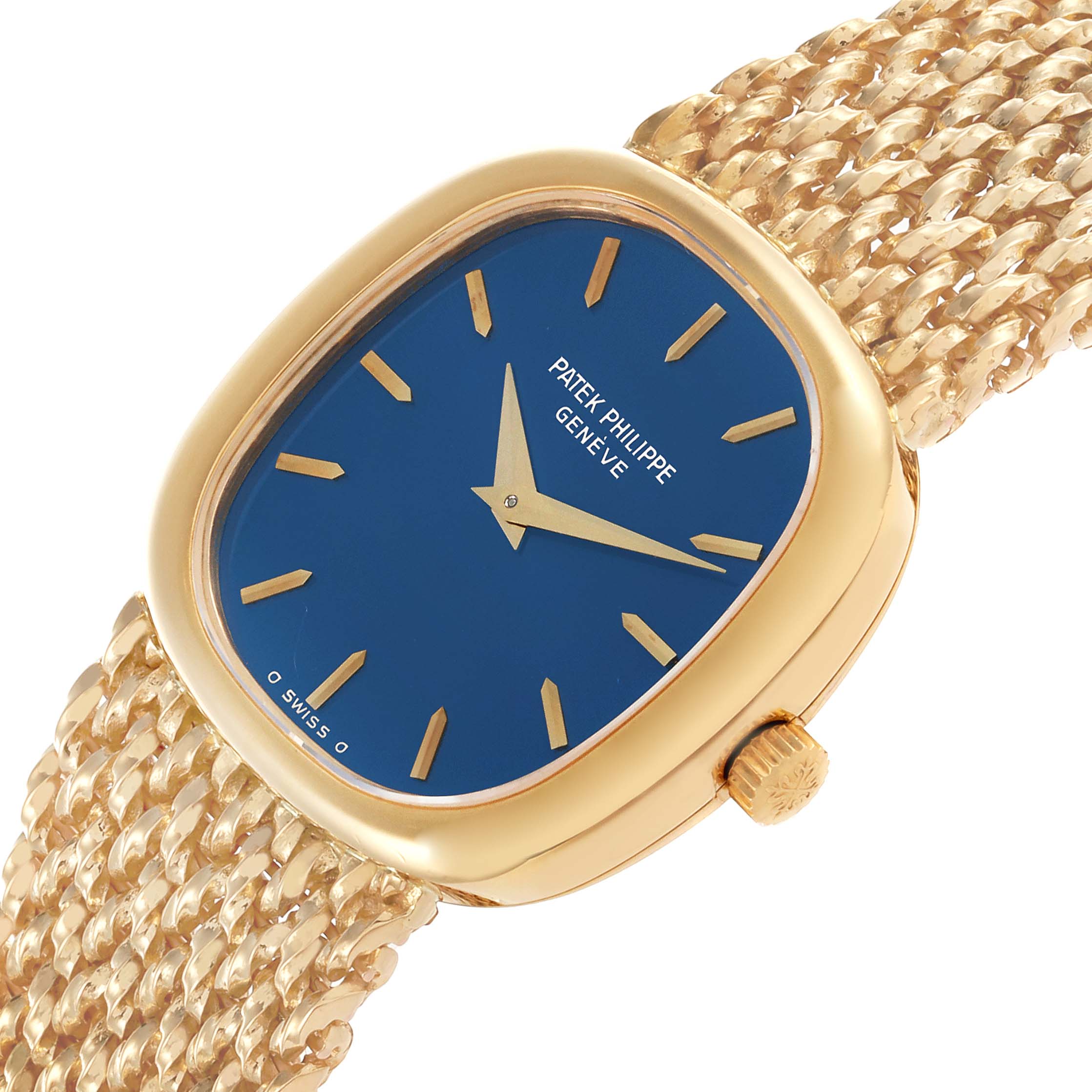 The Patek Philippe Golden Ellipse 4223 Women's Yellow Gold Blue Dial 4223 Women's Yellow Gold Blue Dial watch is shown from a slightly tilted angle, highlighting the blue dial and gold woven bracelet.