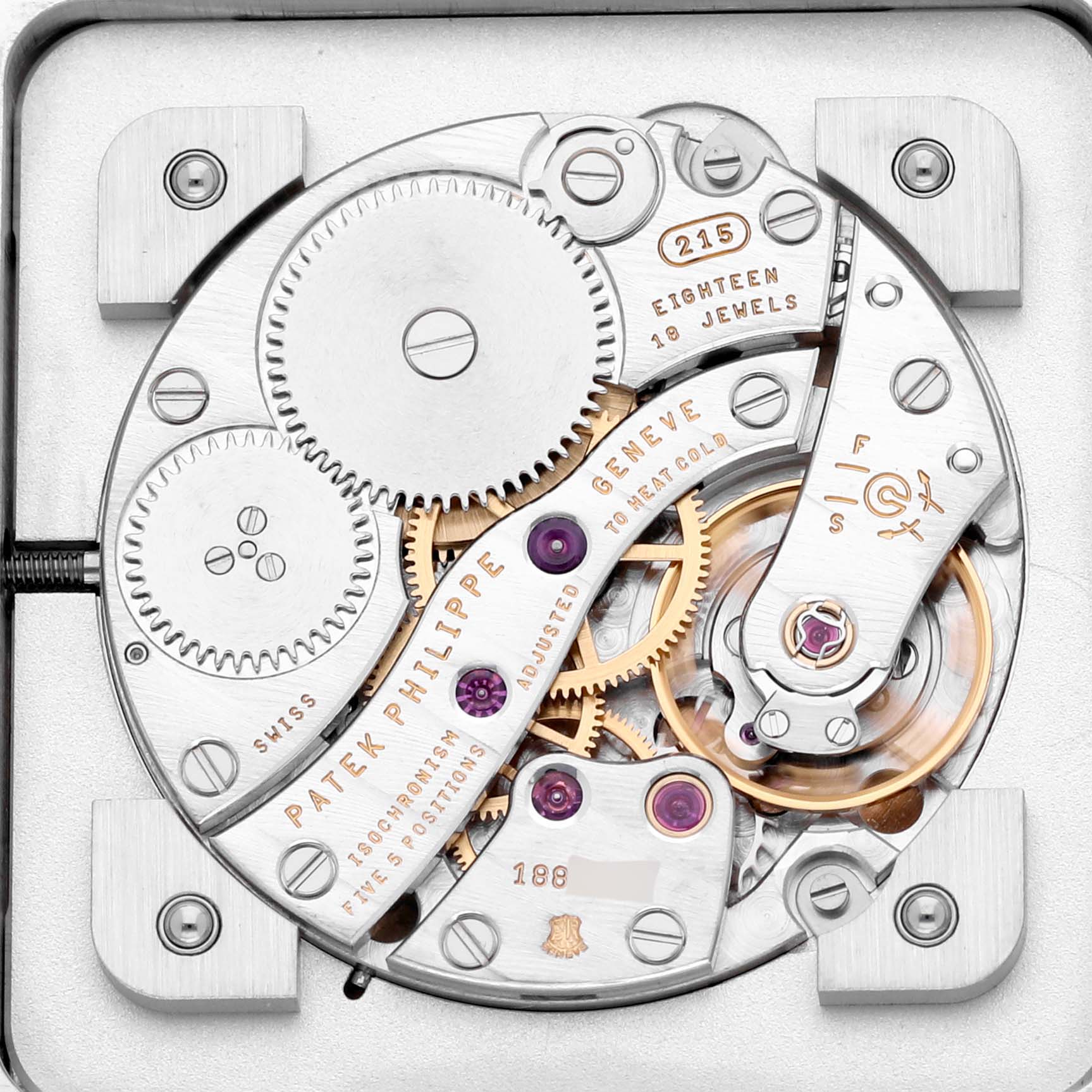 The image shows the intricate movement and gears of the Patek Philippe Gondolo 5111G-001 Men's White Gold Silver Dial 5111G-001 Men's White Gold Silver Dial watch from a top-down perspective.