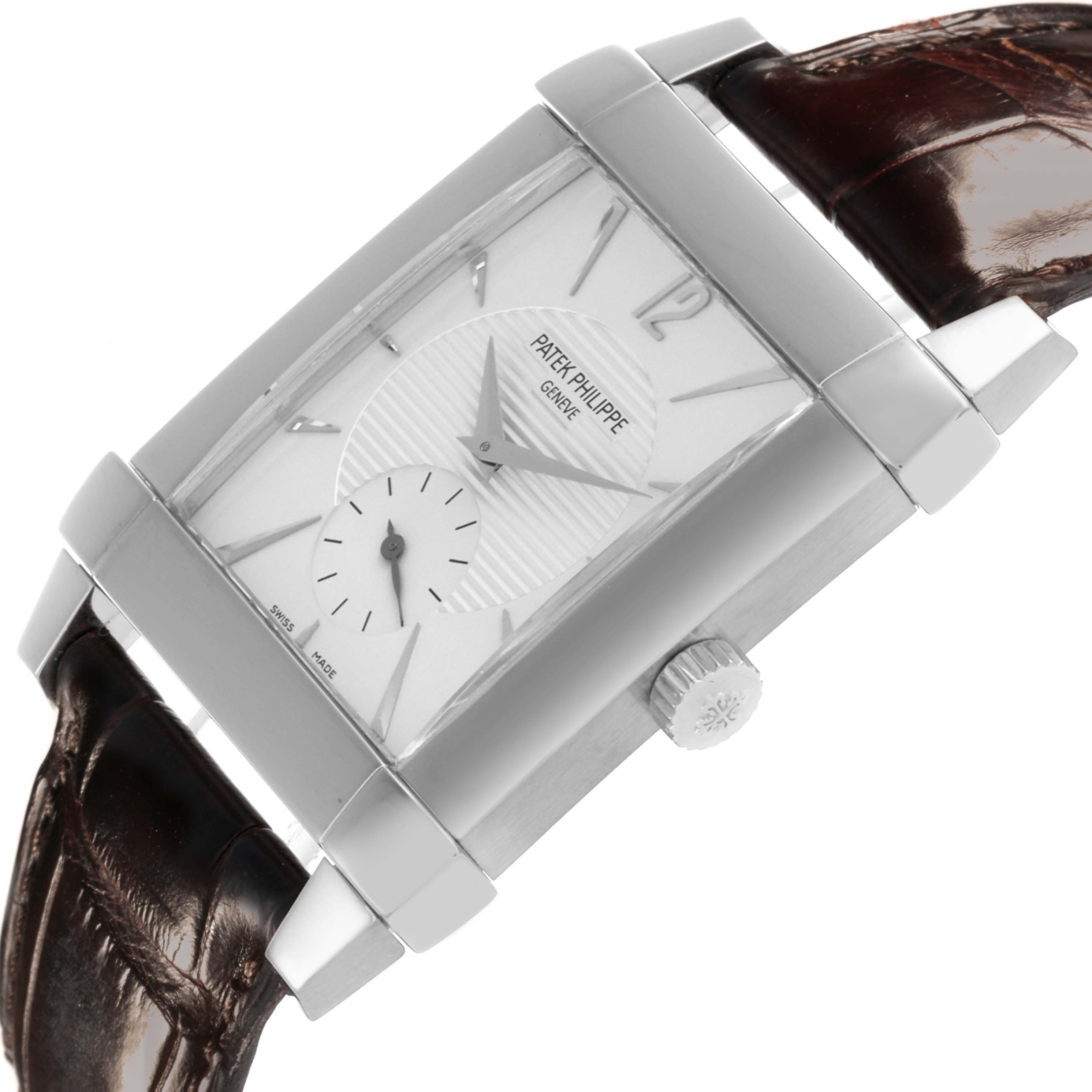 The Patek Philippe Gondolo 5111G-001 Men's White Gold Silver Dial 5111G-001 Men's White Gold Silver Dial watch is shown at an angled view, featuring the dial, crown, and leather strap.