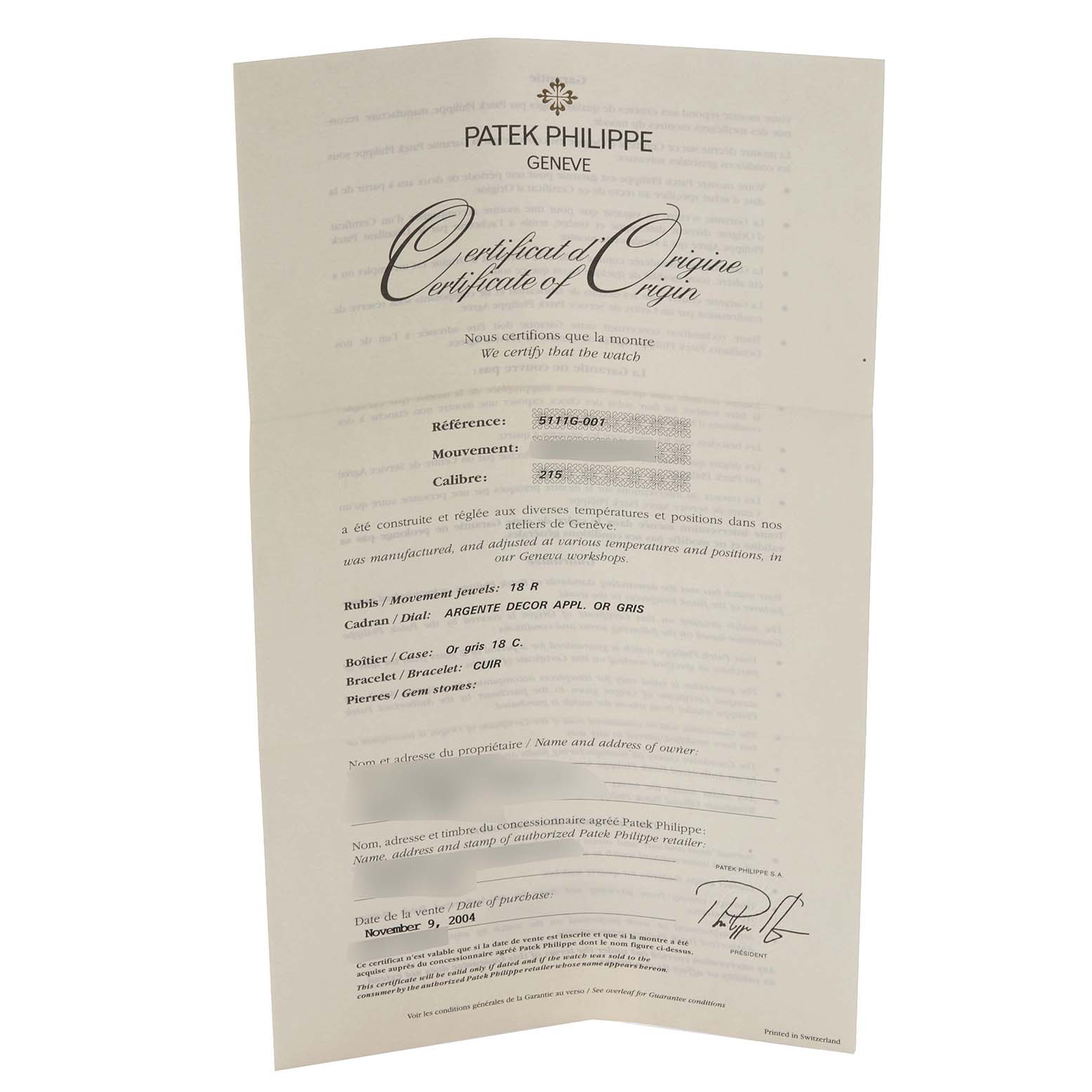 This image shows a Certificate of Origin for the Patek Philippe Gondolo 5111G-001 Men's White Gold Silver Dial 5111G-001 Men's White Gold Silver Dial watch.