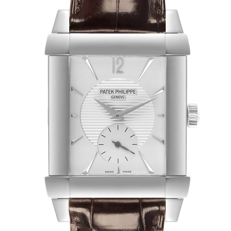 The image shows a frontal view of the Patek Philippe Gondolo watch, highlighting its rectangular face, leather strap, and crown.