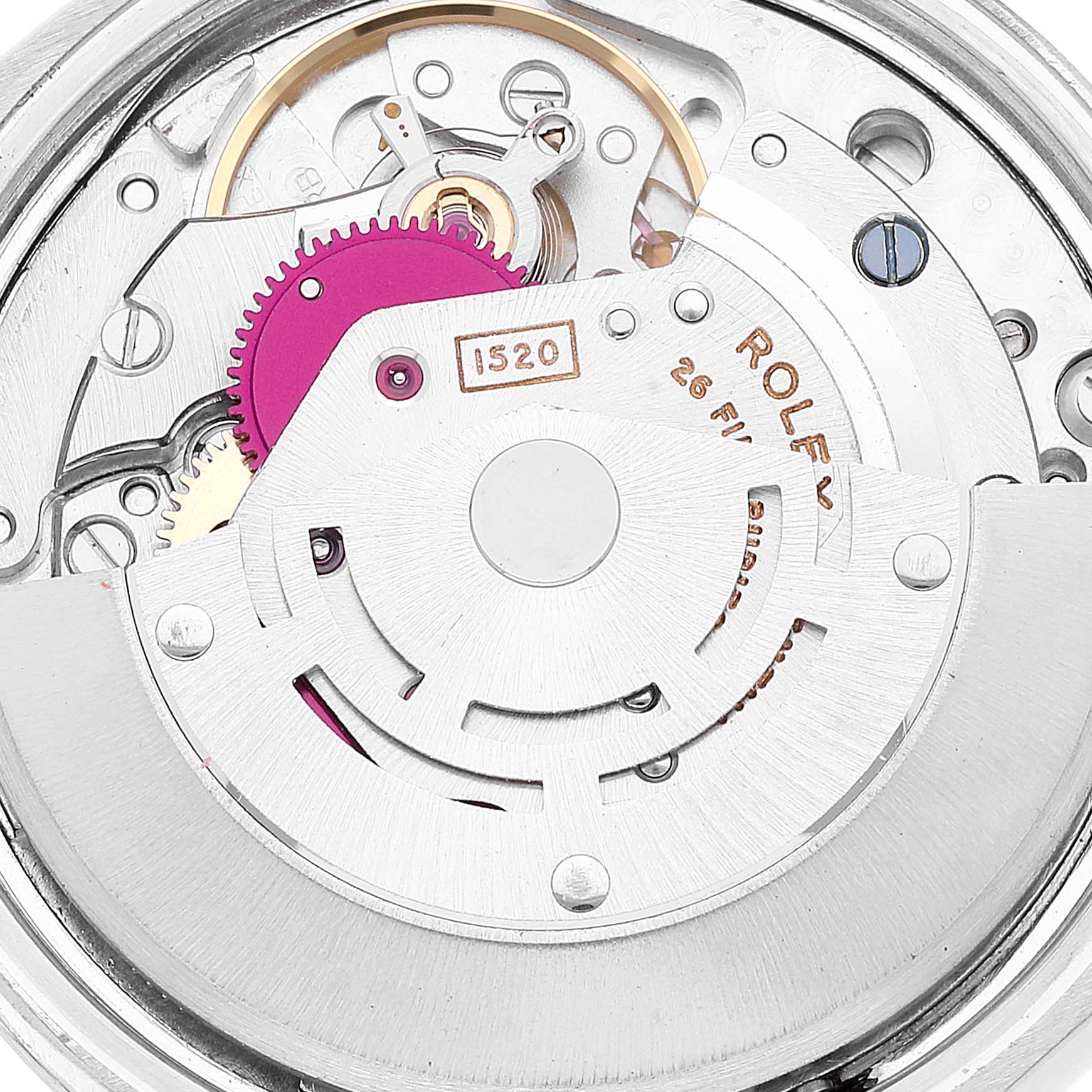 The image shows the internal mechanism and movement components of the Rolex Air-King 5700 Men's Stainless Steel Silver Dial 5700 Men's Stainless Steel Silver Dial watch, including gears and the rotor.