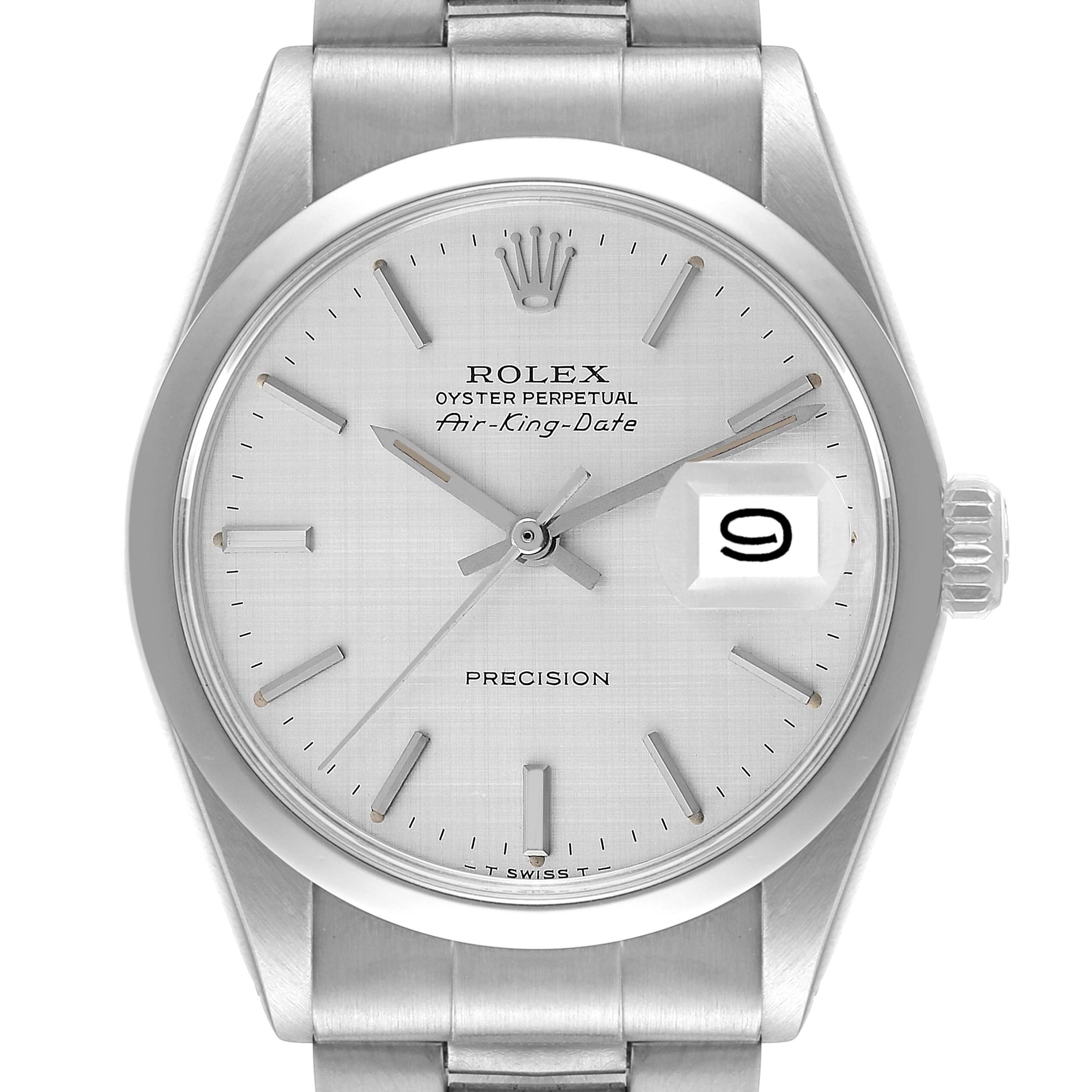 The image shows a close-up, front view of the Rolex Air-King 5700 Men's Stainless Steel Silver Dial 5700 Men's Stainless Steel Silver Dial watch, displaying the face, crown, and part of the bracelet.