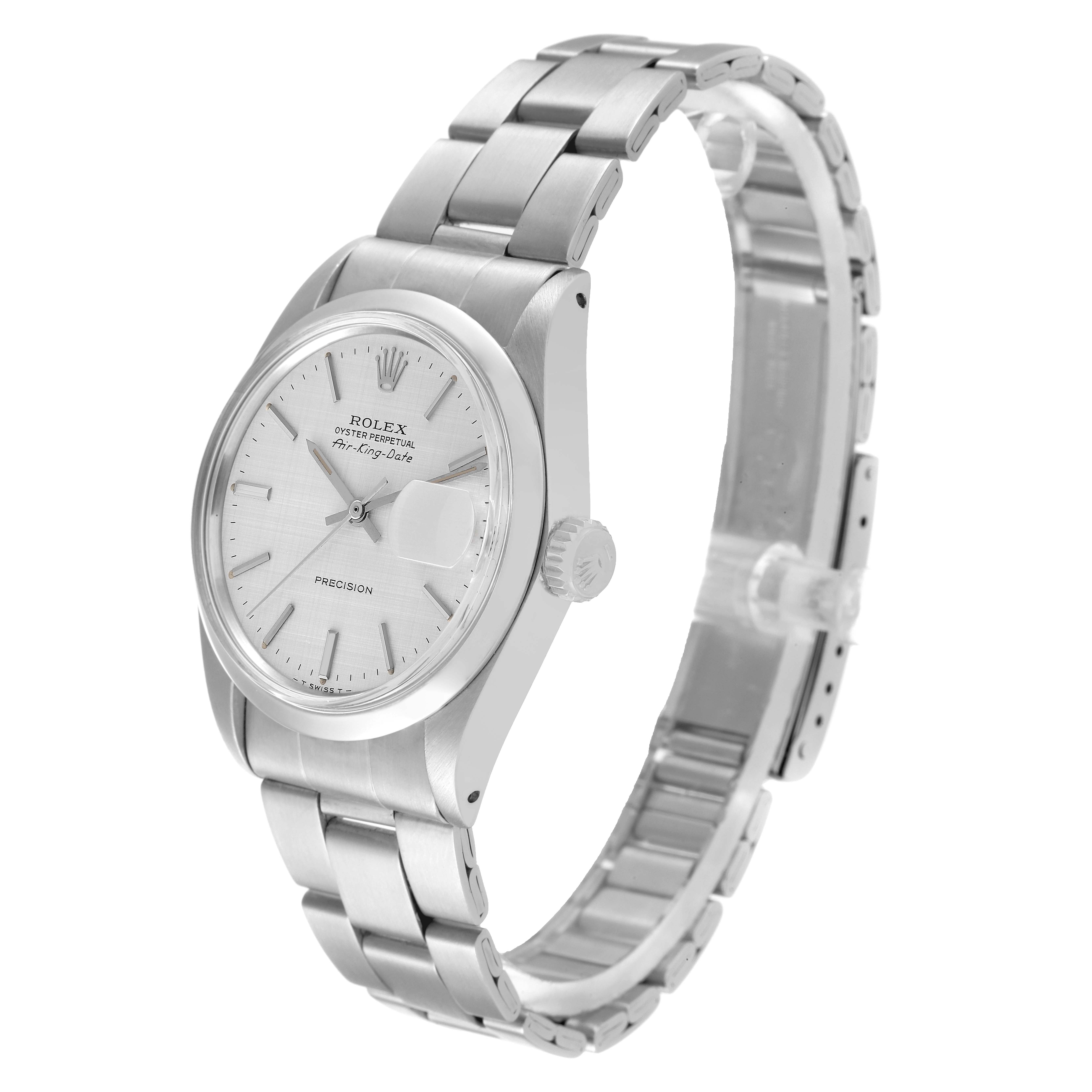 The image shows a side angle of a Rolex Air-King 5700 Men's Stainless Steel Silver Dial 5700 Men's Stainless Steel Silver Dial watch, highlighting the face, bezel, crown, and bracelet.