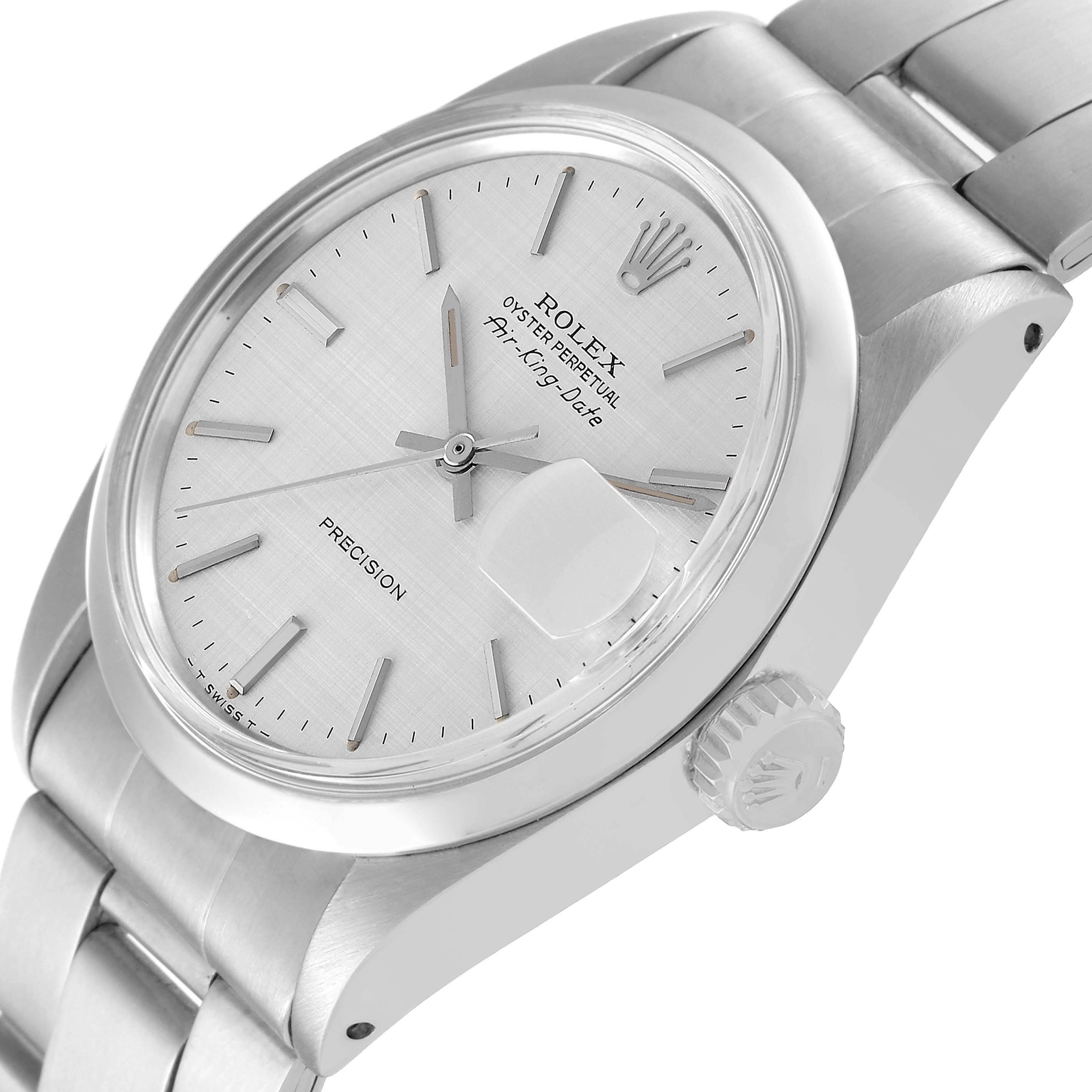 This is a close-up angled view of the front and side of a Rolex Air-King 5700 Men's Stainless Steel Silver Dial 5700 Men's Stainless Steel Silver Dial wristwatch, showing the dial, crown, and part of the bracelet.