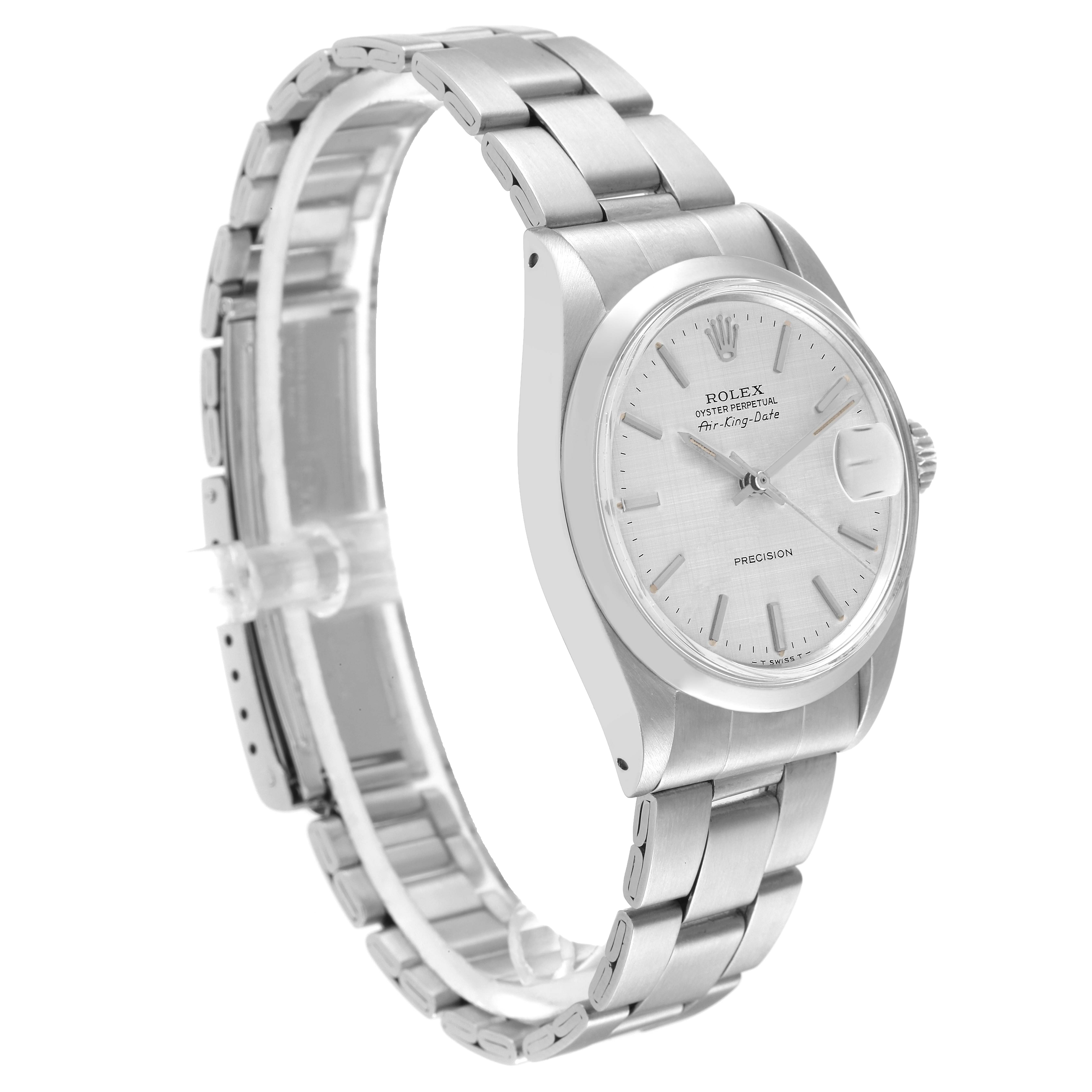 The image displays a side angle of the Rolex Air-King 5700 Men's Stainless Steel Silver Dial 5700 Men's Stainless Steel Silver Dial watch, showing its silver bracelet, clasp, and dial.