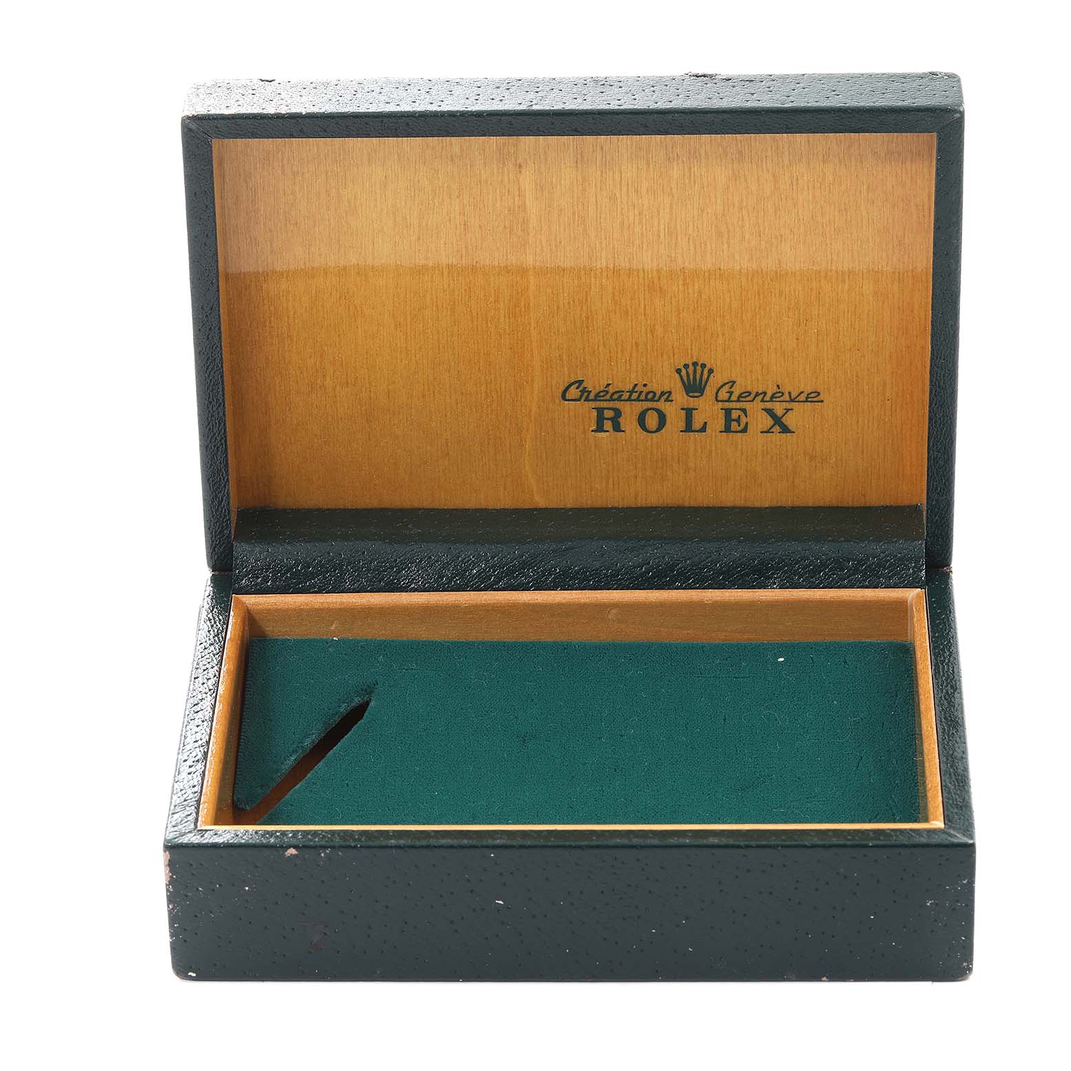 This image shows an open watch box for the Rolex Air-King 5700 Men's Stainless Steel Silver Dial 5700 Men's Stainless Steel Silver Dial model, displaying the interior with a green lining.