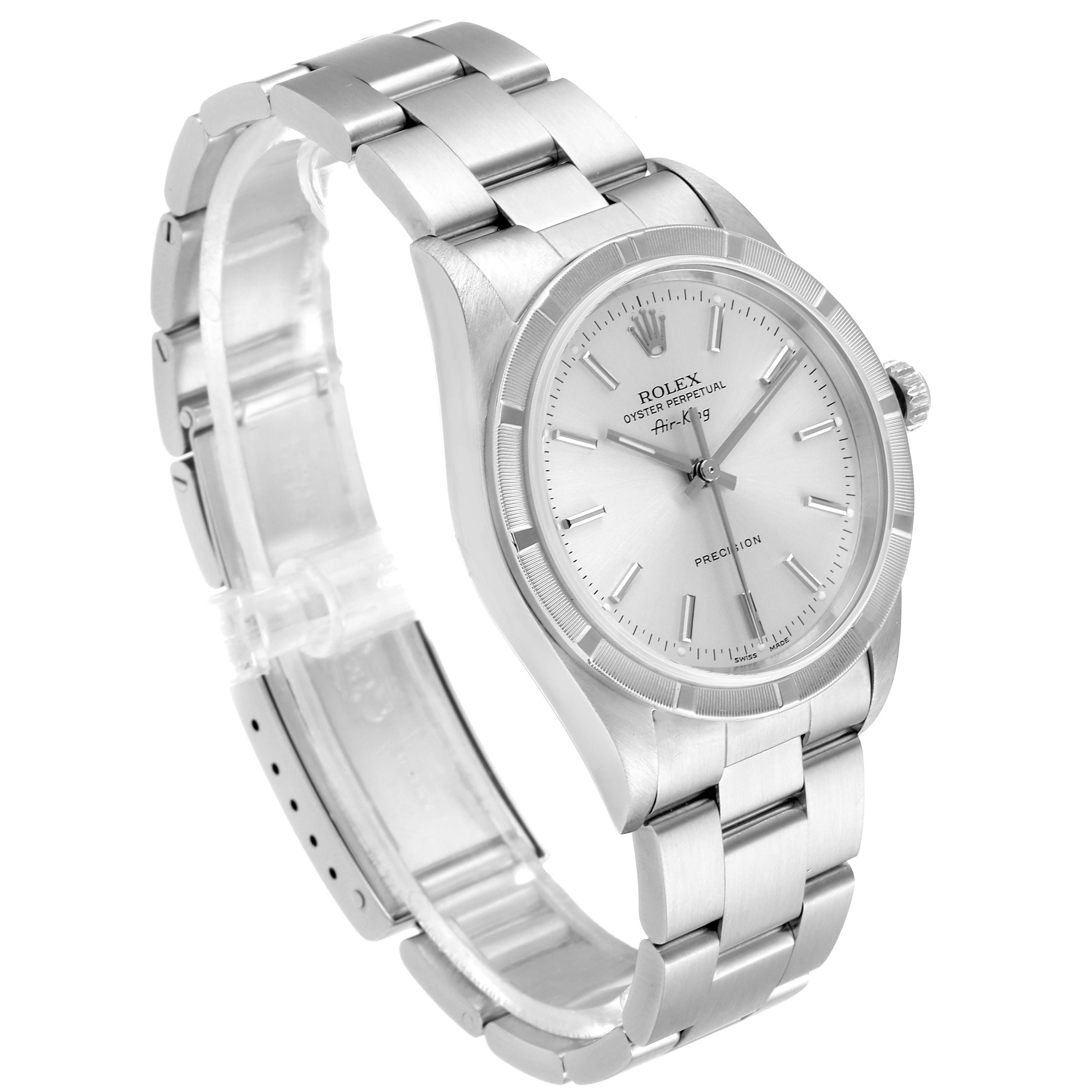 This image depicts a Rolex Air-King 14010 Men's Stainless Steel Silver Dial 14010 Men's Stainless Steel Silver Dial watch at a slight angle, showing the watch face, band, and clasp.