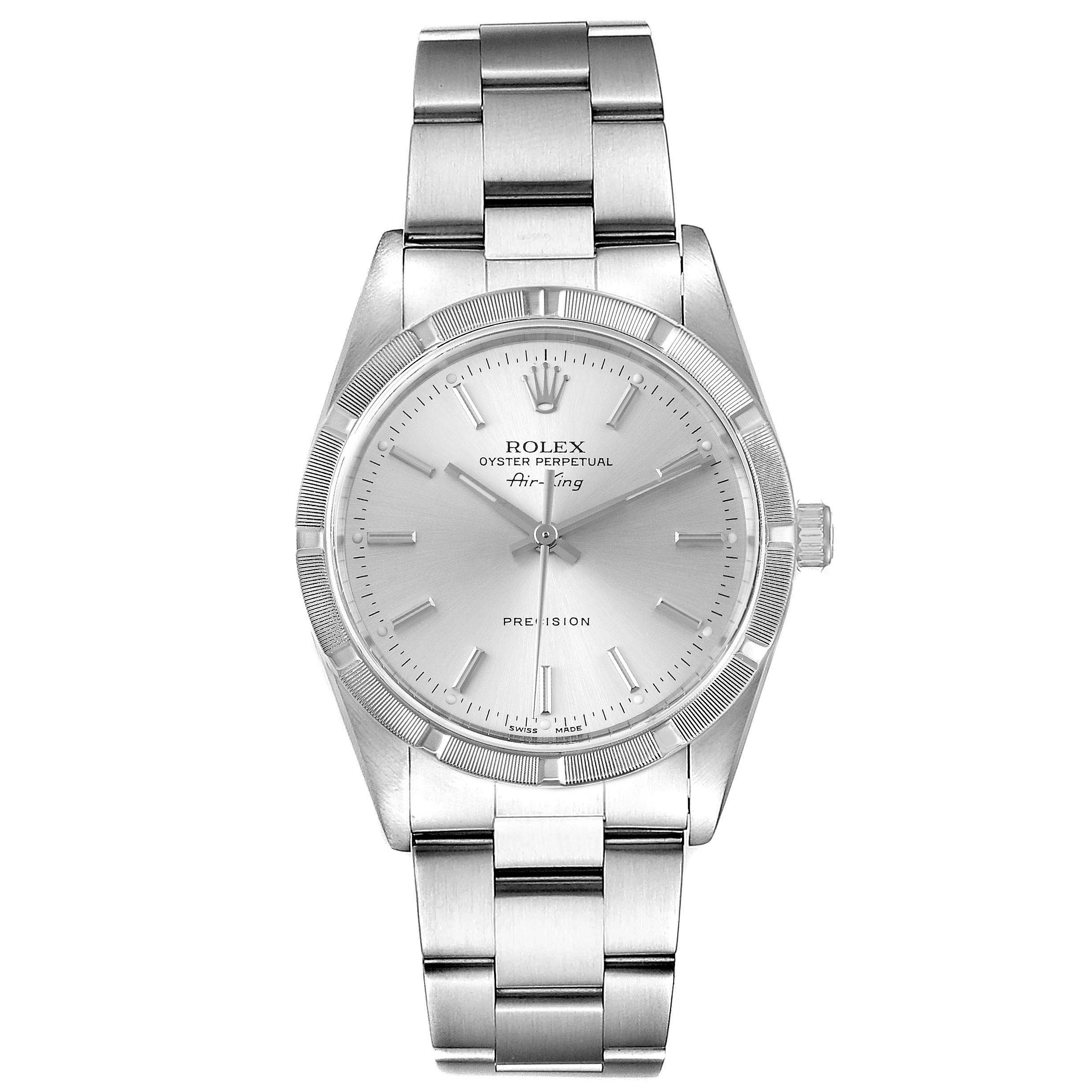 The image shows a front view of the Rolex Air-King 14010 Men's Stainless Steel Silver Dial 14010 Men's Stainless Steel Silver Dial watch, displaying its face, bezel, and bracelet.