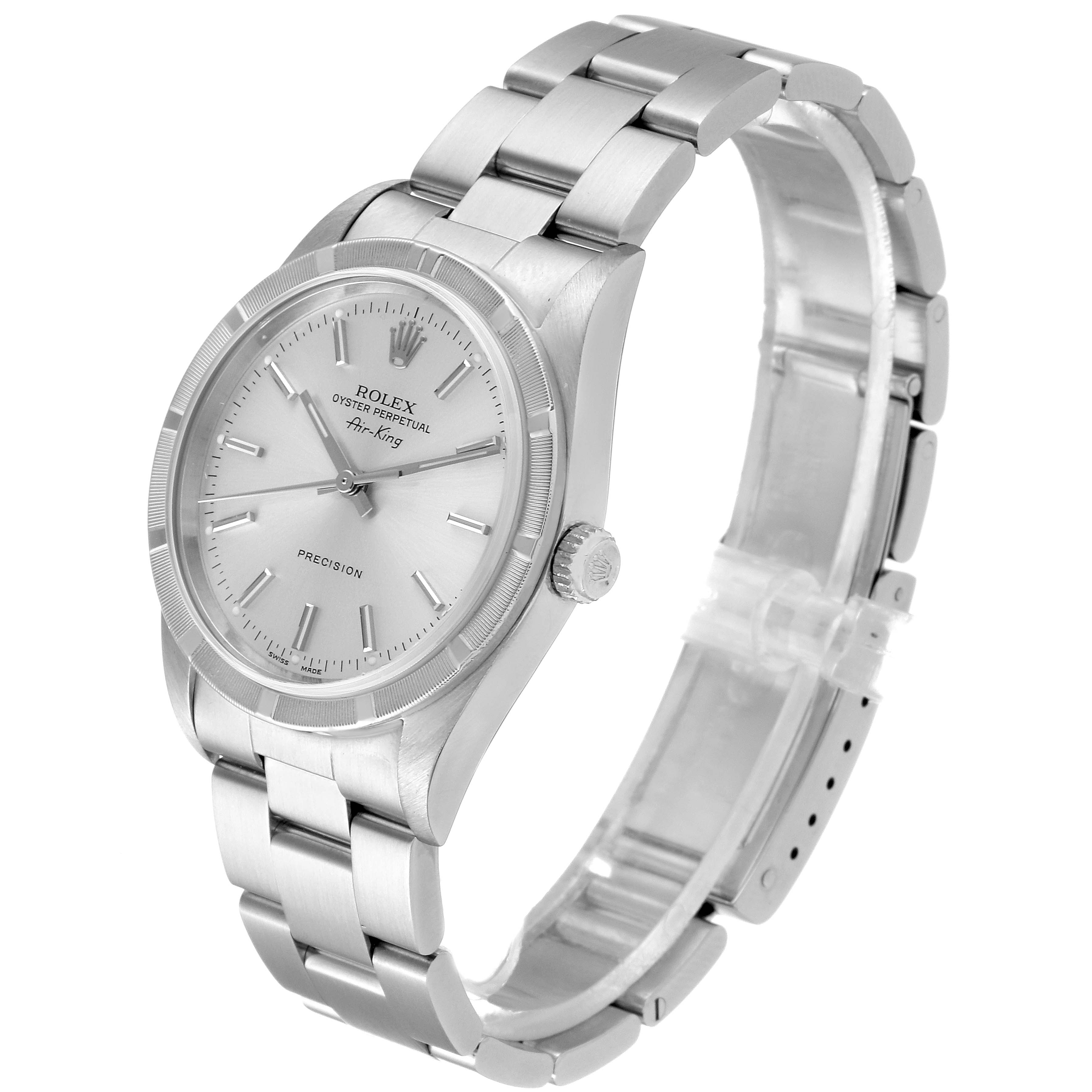 The image shows a Rolex Air-King 14010 Men's Stainless Steel Silver Dial 14010 Men's Stainless Steel Silver Dial watch from a three-quarter angle, highlighting the face, bezel, crown, and part of the bracelet.