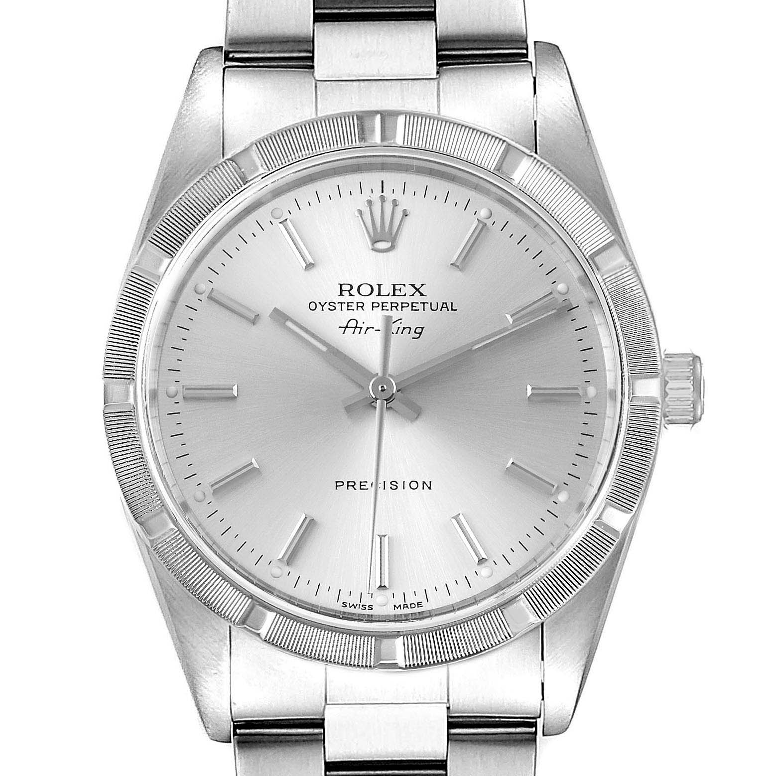 This Rolex Air-King 14010 Men's Stainless Steel Silver Dial 14010 Men's Stainless Steel Silver Dial watch is shown from a front angle, highlighting the dial, bezel, crown, and bracelet.
