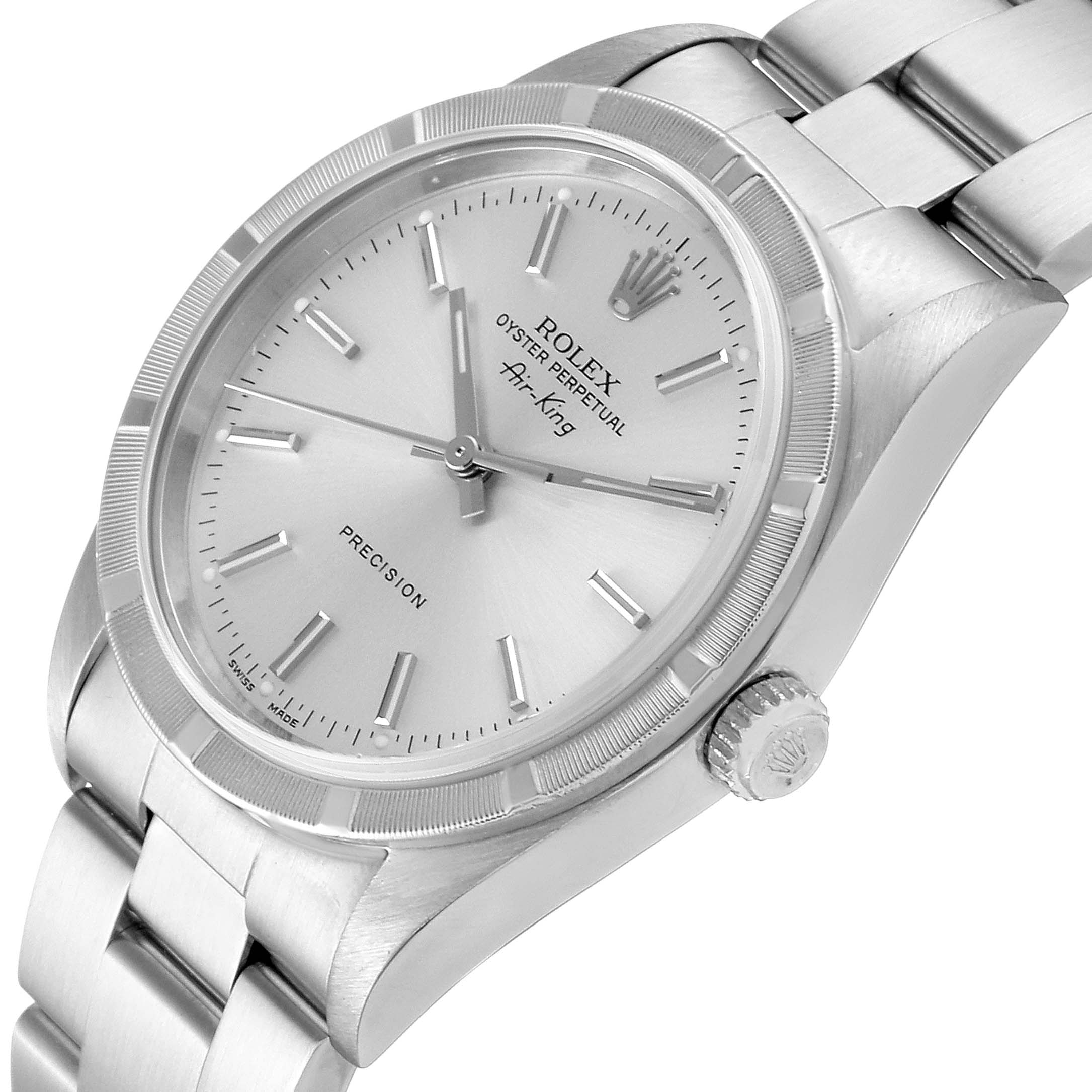 This image shows a Rolex Air-King 14010 Men's Stainless Steel Silver Dial 14010 Men's Stainless Steel Silver Dial watch from a three-quarter angle, highlighting the dial, crown, and part of the bracelet.