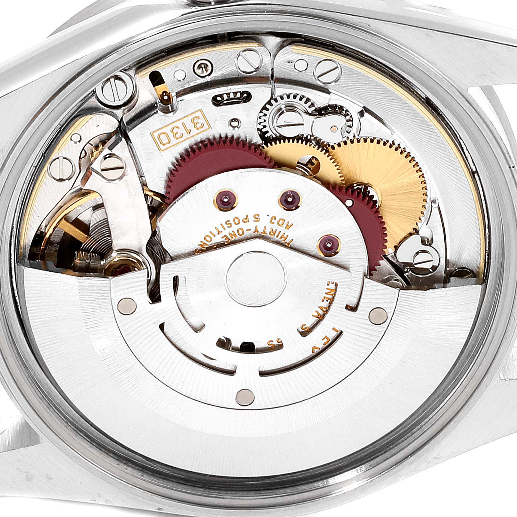 The image shows the intricate internal mechanism of a Rolex Air-King 14010 Men's Stainless Steel Silver Dial 14010 Men's Stainless Steel Silver Dial watch viewed from the back.