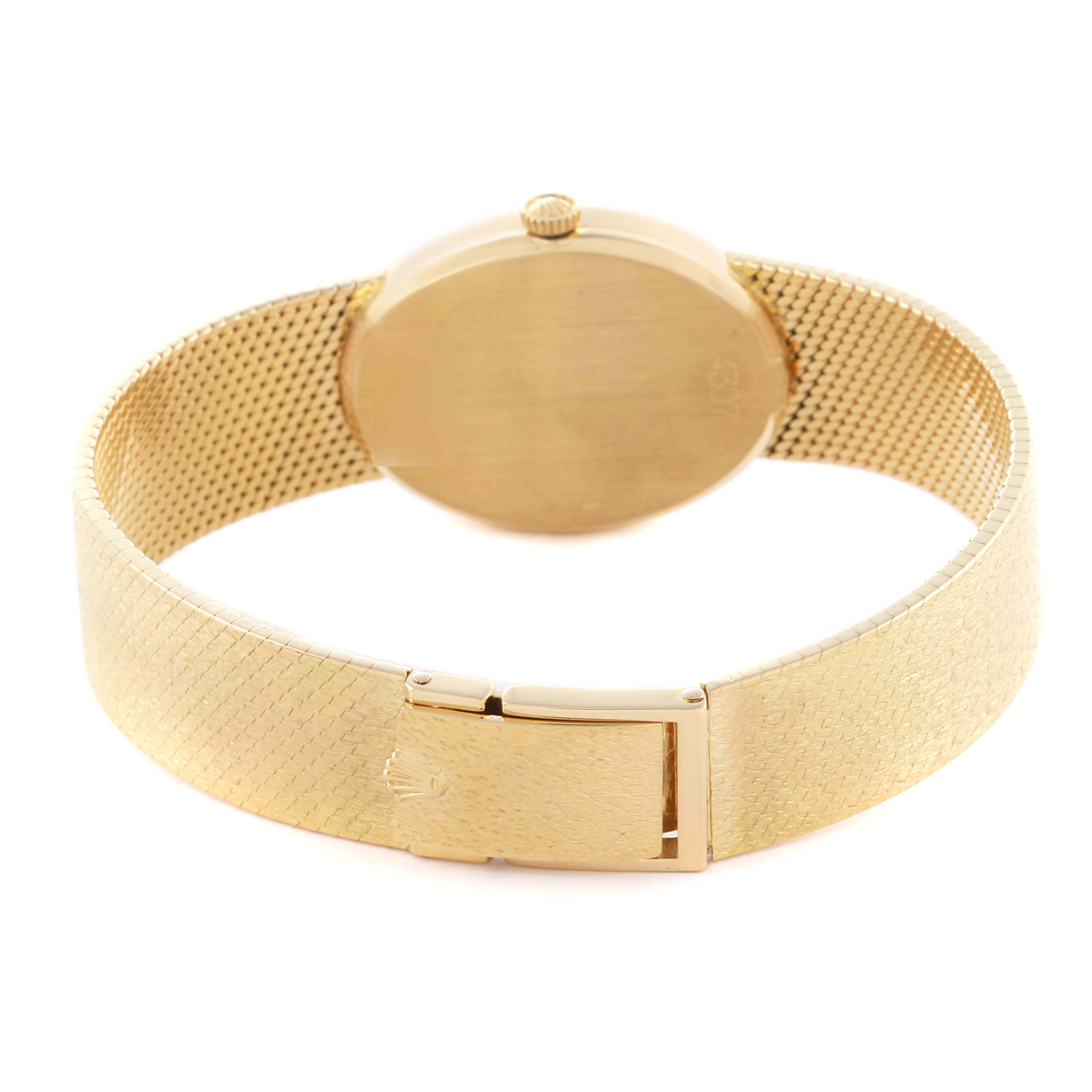 The image shows the back and bracelet of a Rolex Cellini 4307 Women's Yellow Gold Champagne Dial 4307 Women's Yellow Gold Champagne Dial watch, highlighting the clasp and textured gold finish.