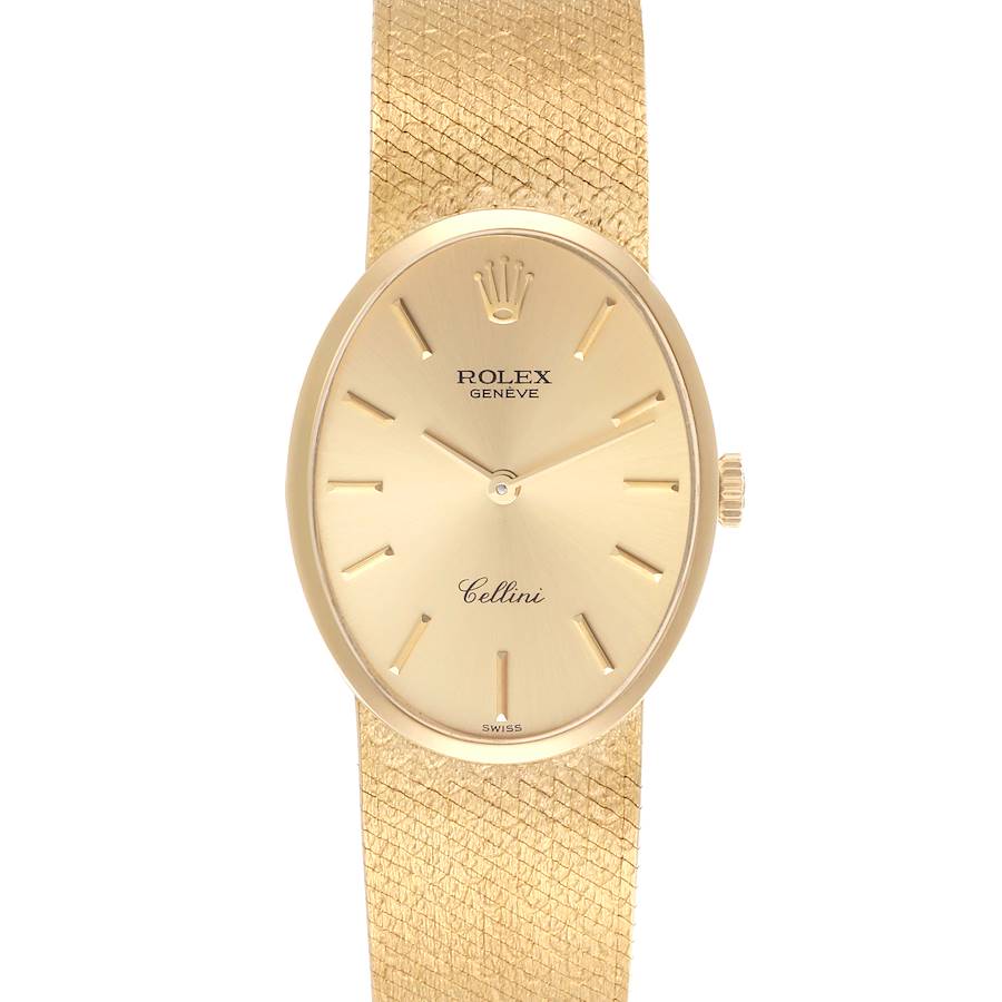 The Rolex Cellini watch is shown from the front, displaying the entire face and part of the gold strap.