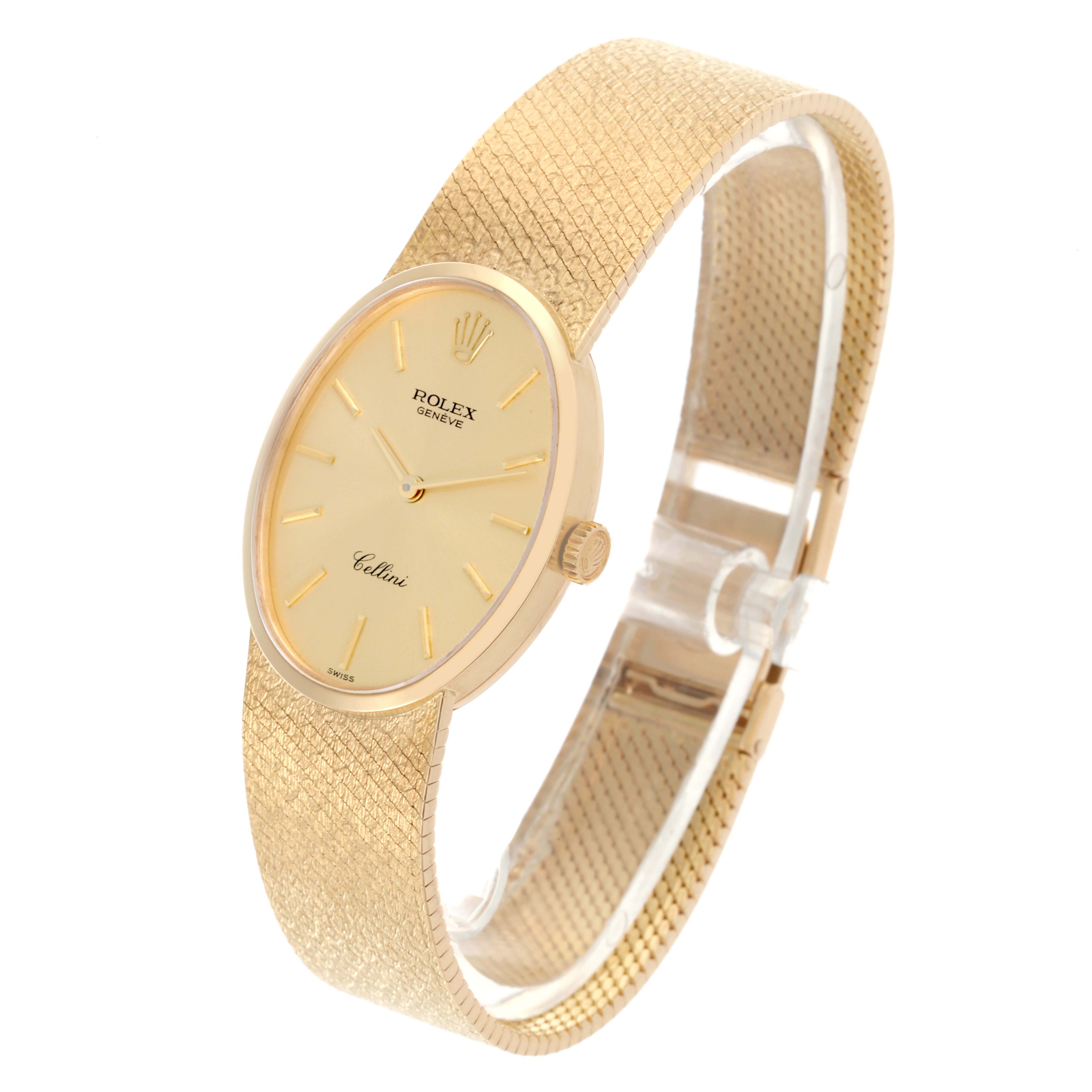 The Rolex Cellini 4307 Women's Yellow Gold Champagne Dial 4307 Women's Yellow Gold Champagne Dial watch is shown diagonally, highlighting the dial, crown, and textured bracelet.