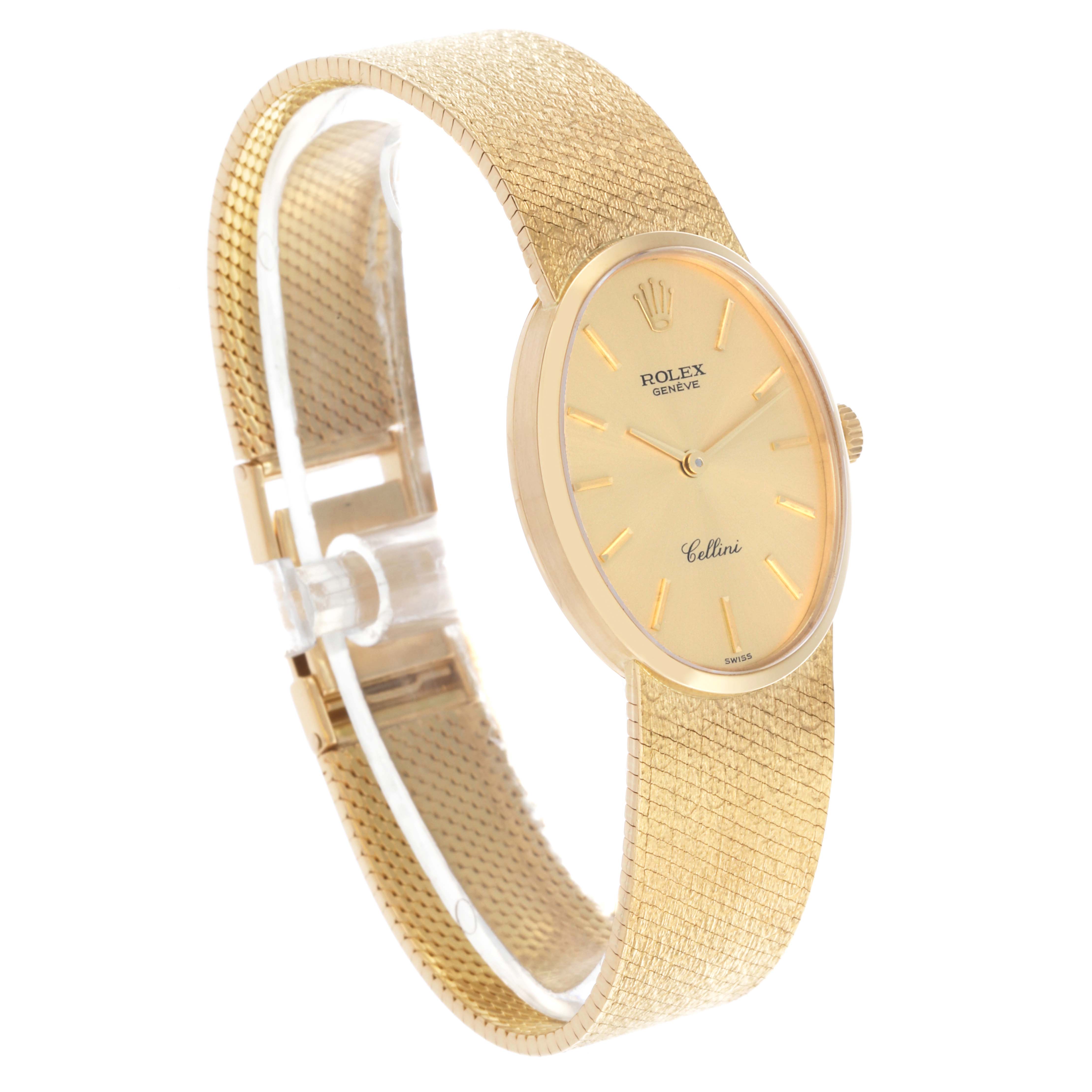 The Rolex Cellini 4307 Women's Yellow Gold Champagne Dial 4307 Women's Yellow Gold Champagne Dial watch is shown from a side angle, displaying the entire face, bezel, and textured band.