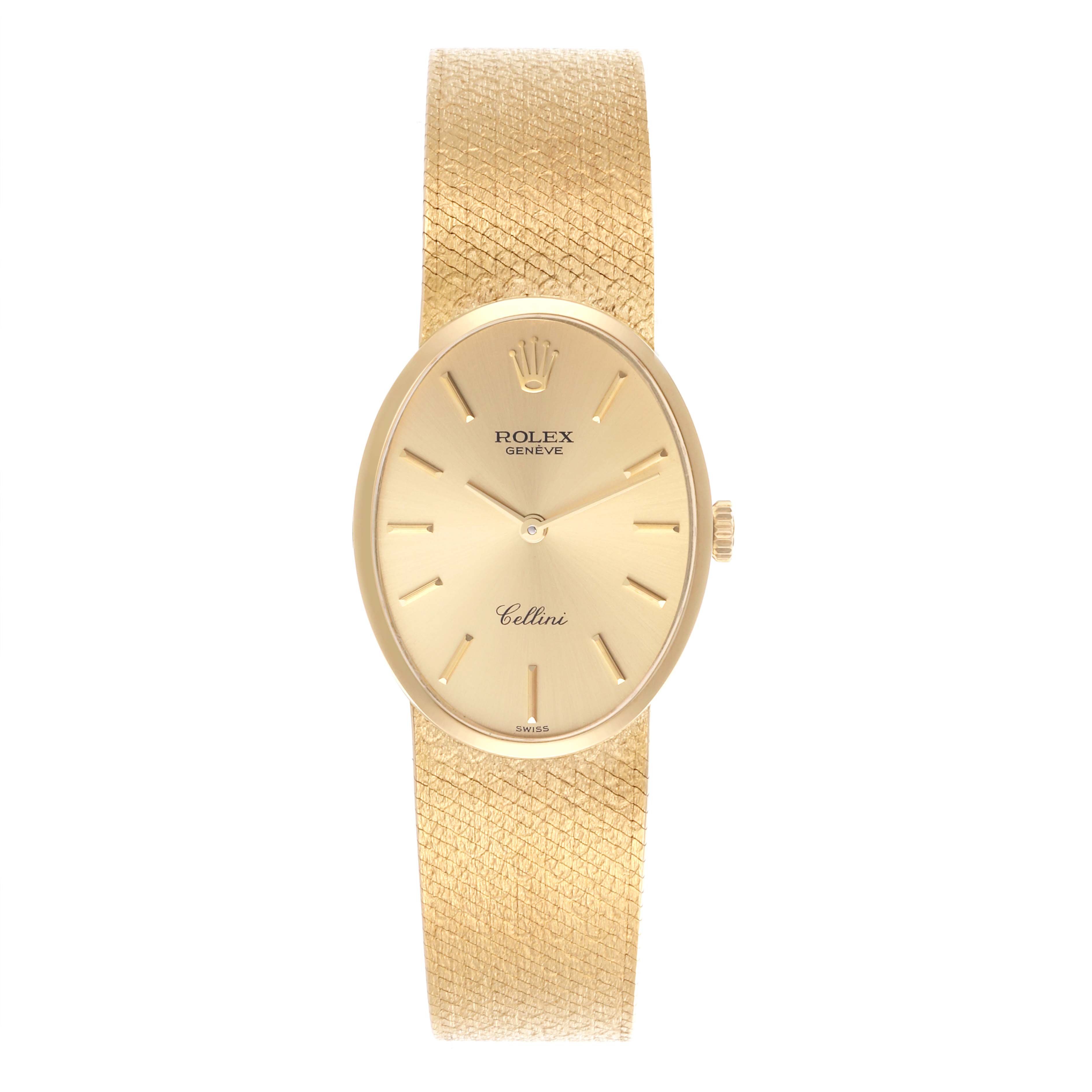 The Rolex Cellini 4307 Women's Yellow Gold Champagne Dial 4307 Women's Yellow Gold Champagne Dial watch is shown face-on, featuring its oval gold dial, strap, and crown.
