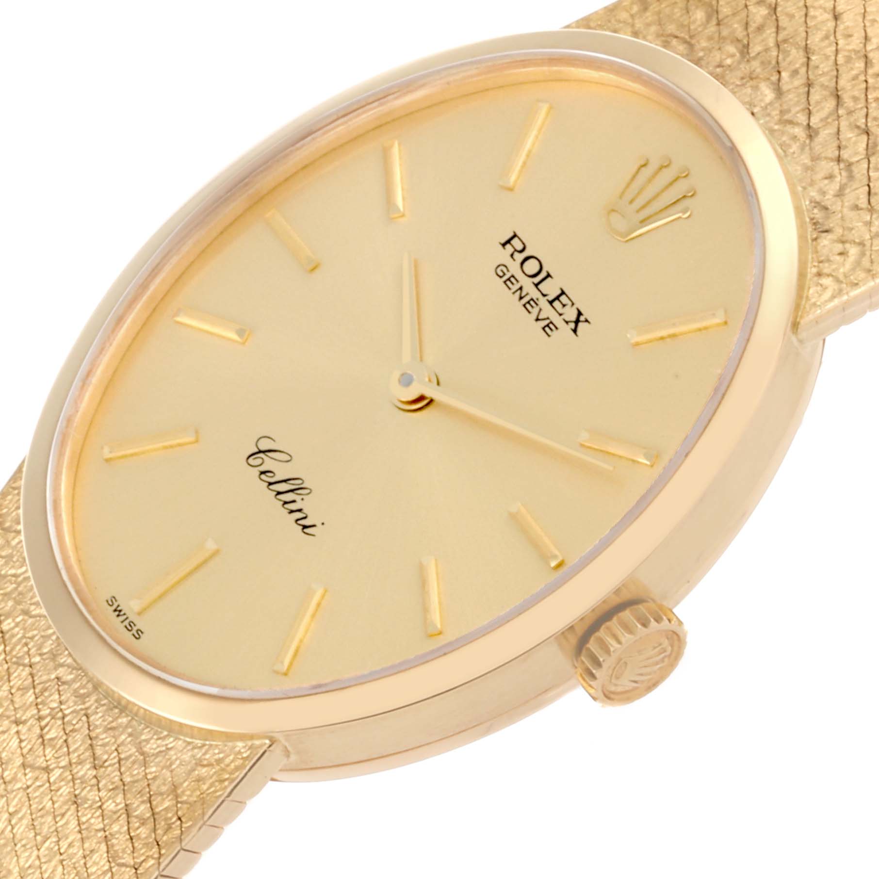 The image shows a side angle of the Rolex Cellini 4307 Women's Yellow Gold Champagne Dial 4307 Women's Yellow Gold Champagne Dial watch, highlighting its gold dial, crown, and textured strap.