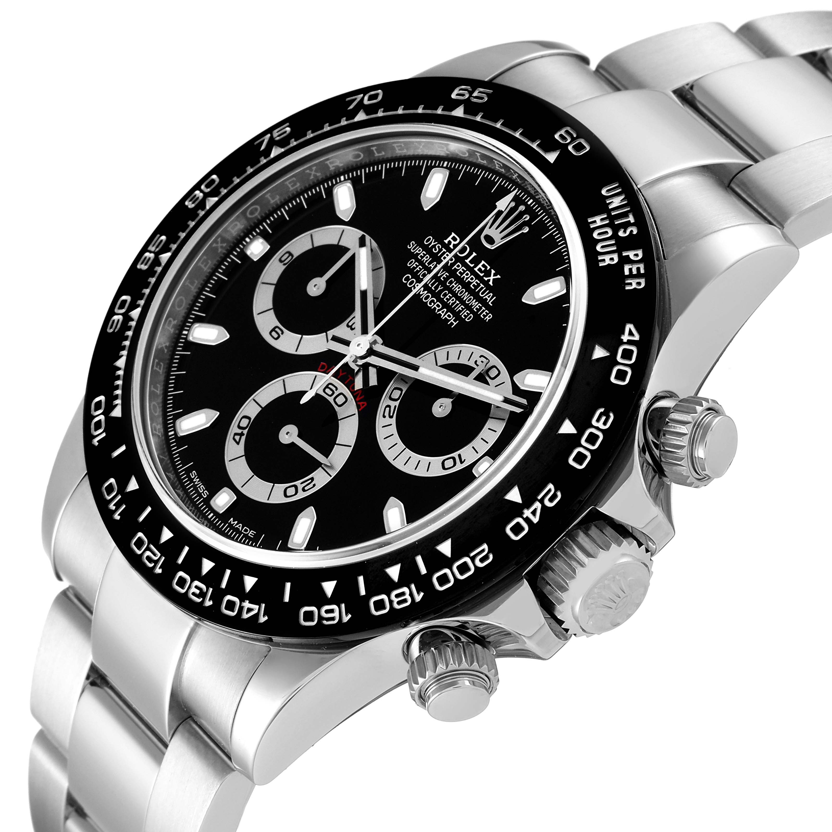 The image shows a Rolex Daytona 116500 Men's Stainless Steel Black Dial 116500 Men's Stainless Steel Black Dial watch at an angle highlighting its face, bezel, crown, pushers, and part of its bracelet.