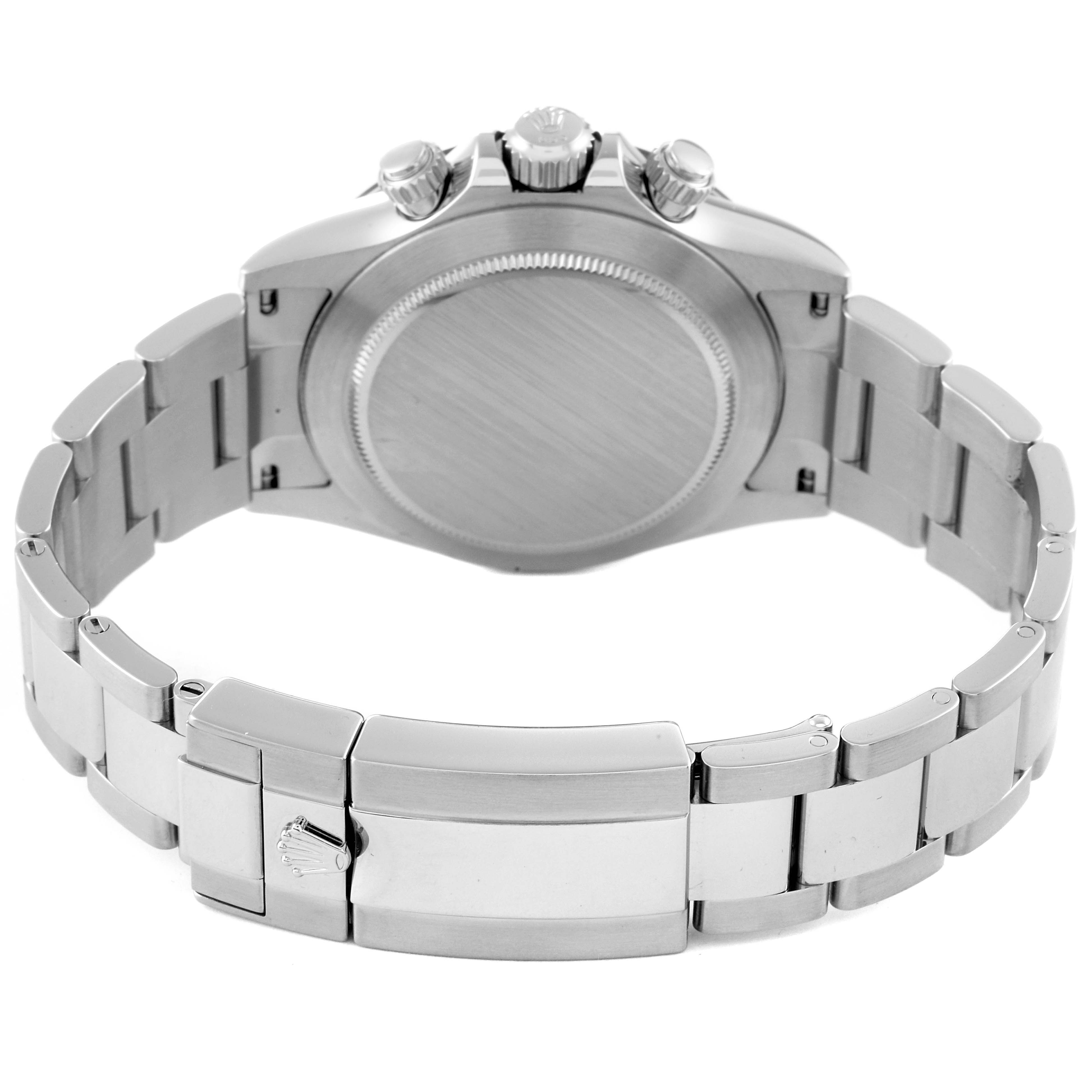 This image shows the backside and clasp of a Rolex Daytona 116500 Men's Stainless Steel Black Dial 116500 Men's Stainless Steel Black Dial watch from a straight-on angle.