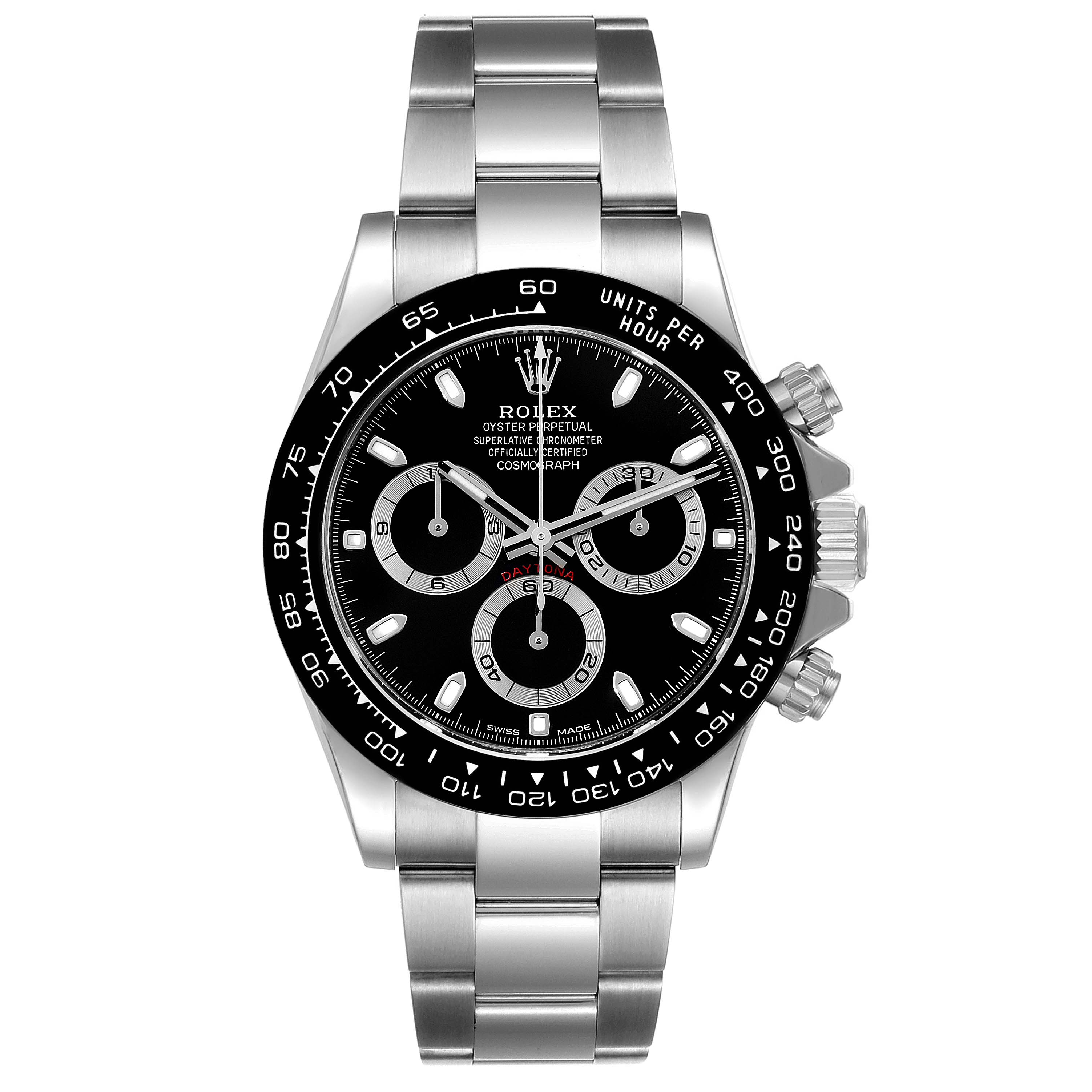 The Rolex Daytona 116500 Men's Stainless Steel Black Dial 116500 Men's Stainless Steel Black Dial watch is shown from a front angle, highlighting its face, bezel, and stainless steel bracelet.