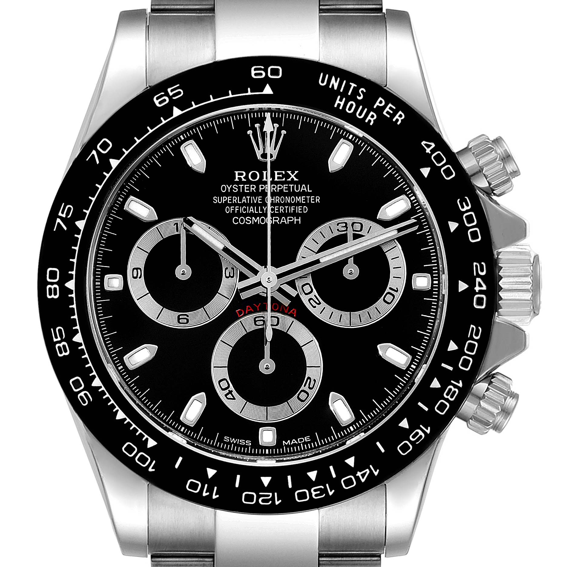 The image shows a front view of a Rolex Daytona 116500 Men's Stainless Steel Black Dial 116500 Men's Stainless Steel Black Dial watch, highlighting the dial, bezel, pushers, and part of the bracelet.