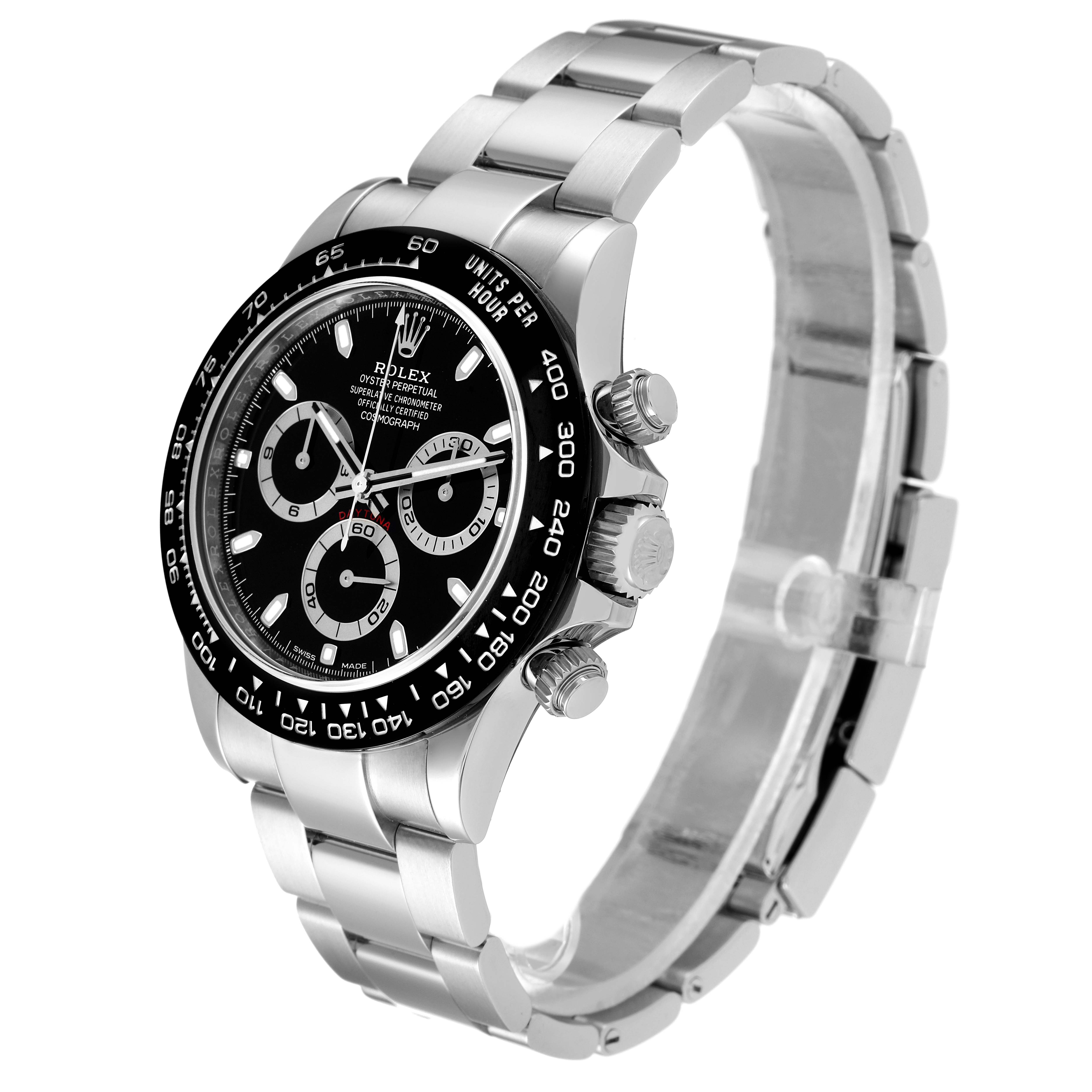 This image shows a side view of a Rolex Daytona 116500 Men's Stainless Steel Black Dial 116500 Men's Stainless Steel Black Dial watch, highlighting the face, bezel, and band.