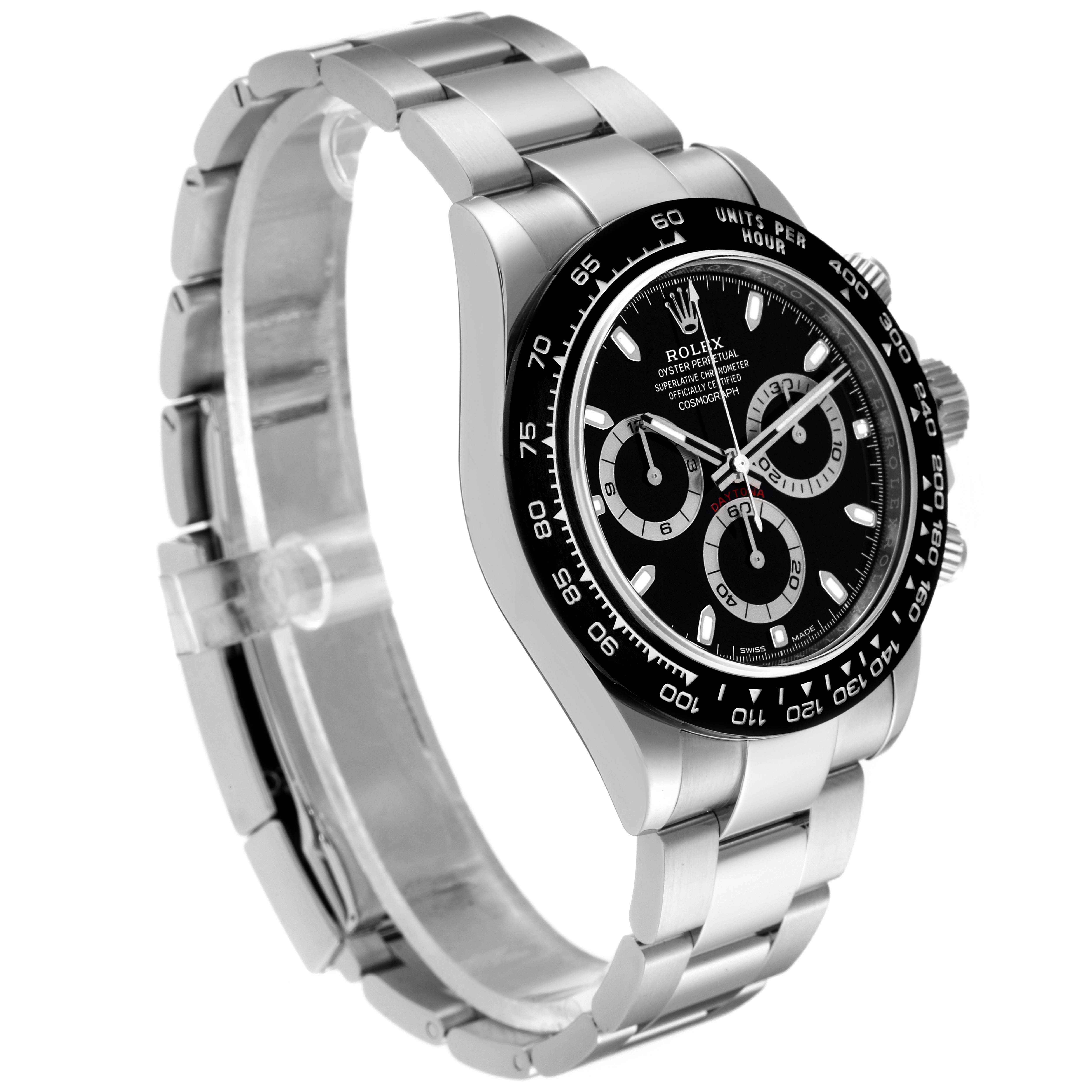 The image shows a side angle view of the Rolex Daytona 116500 Men's Stainless Steel Black Dial 116500 Men's Stainless Steel Black Dial watch, highlighting the stainless steel bracelet, bezel, and chronograph face.