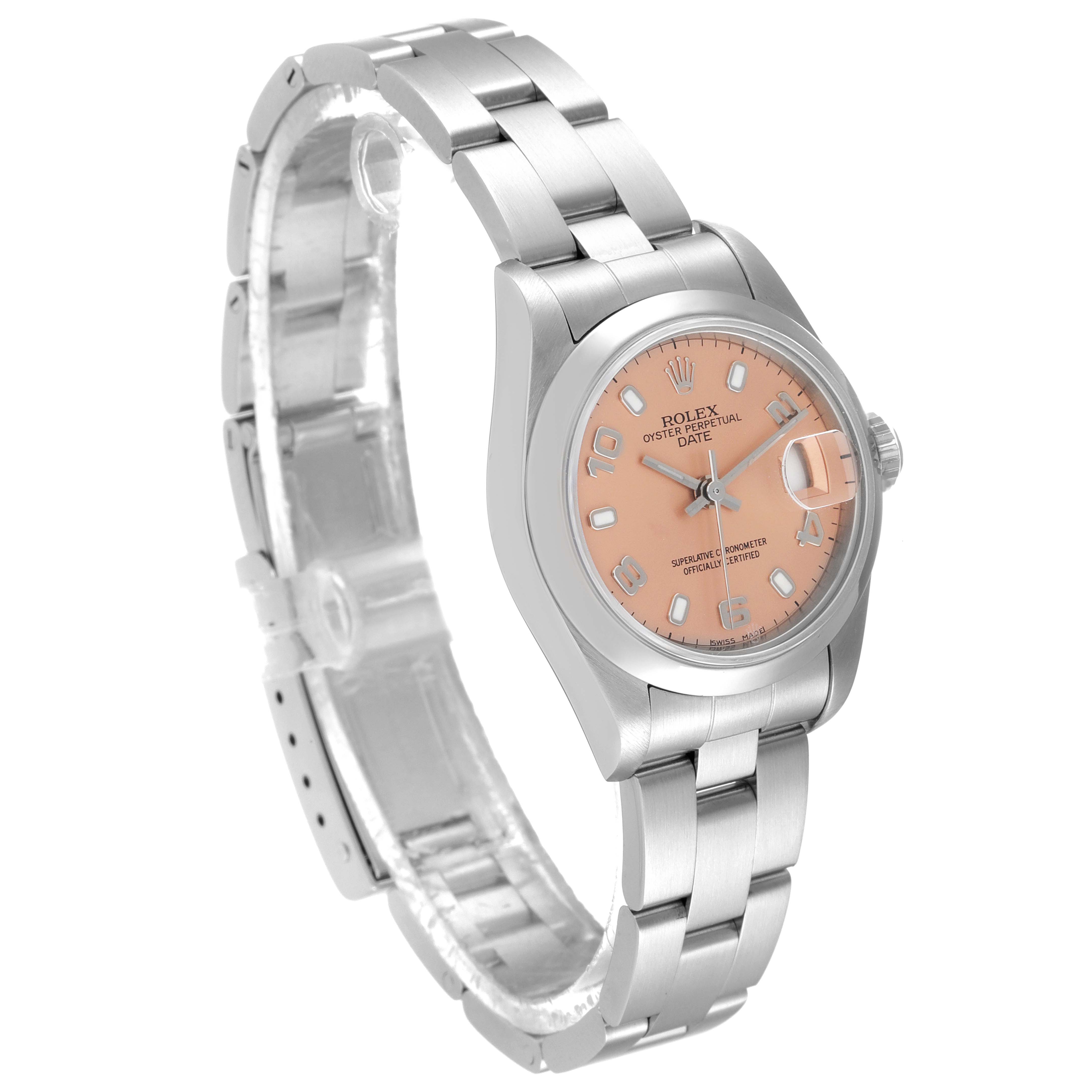 The Rolex Date 79160 Women's Stainless Steel Pink Dial 79160 Women's Stainless Steel Pink Dial model watch is shown at a three-quarter angle, highlighting its bracelet, case, and peach-colored dial.